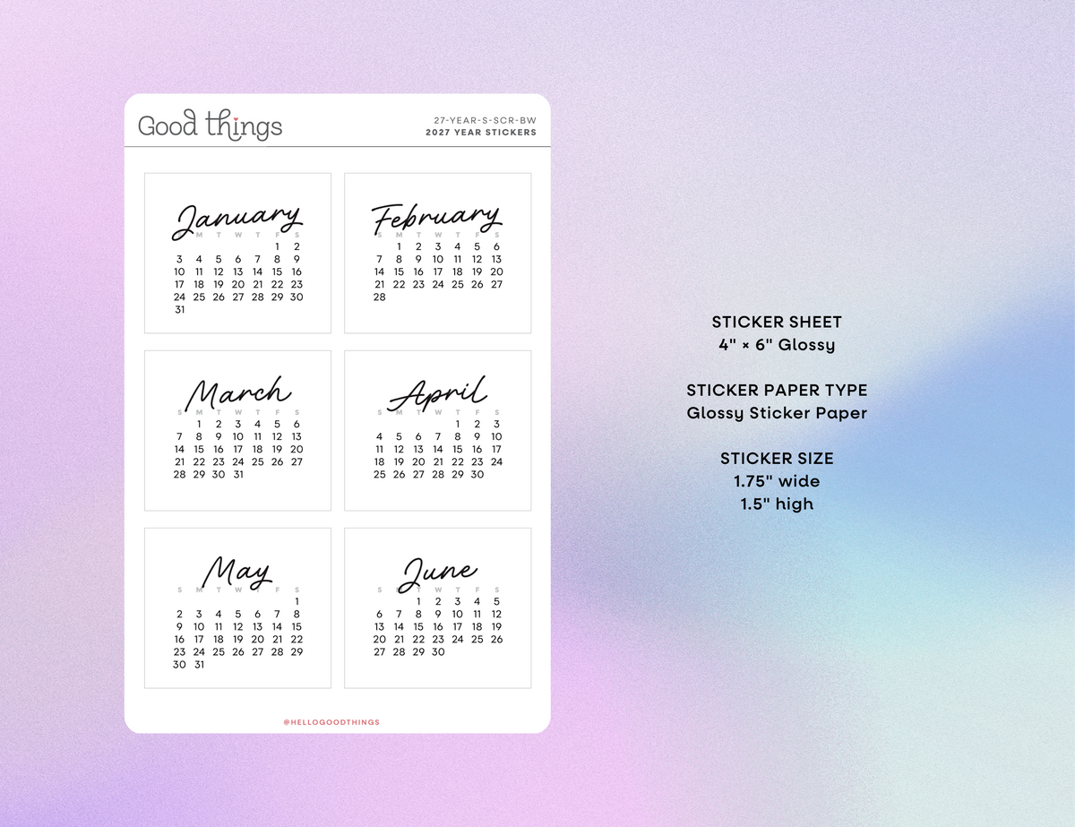 2027 Calendar Stickers, Script + B&W