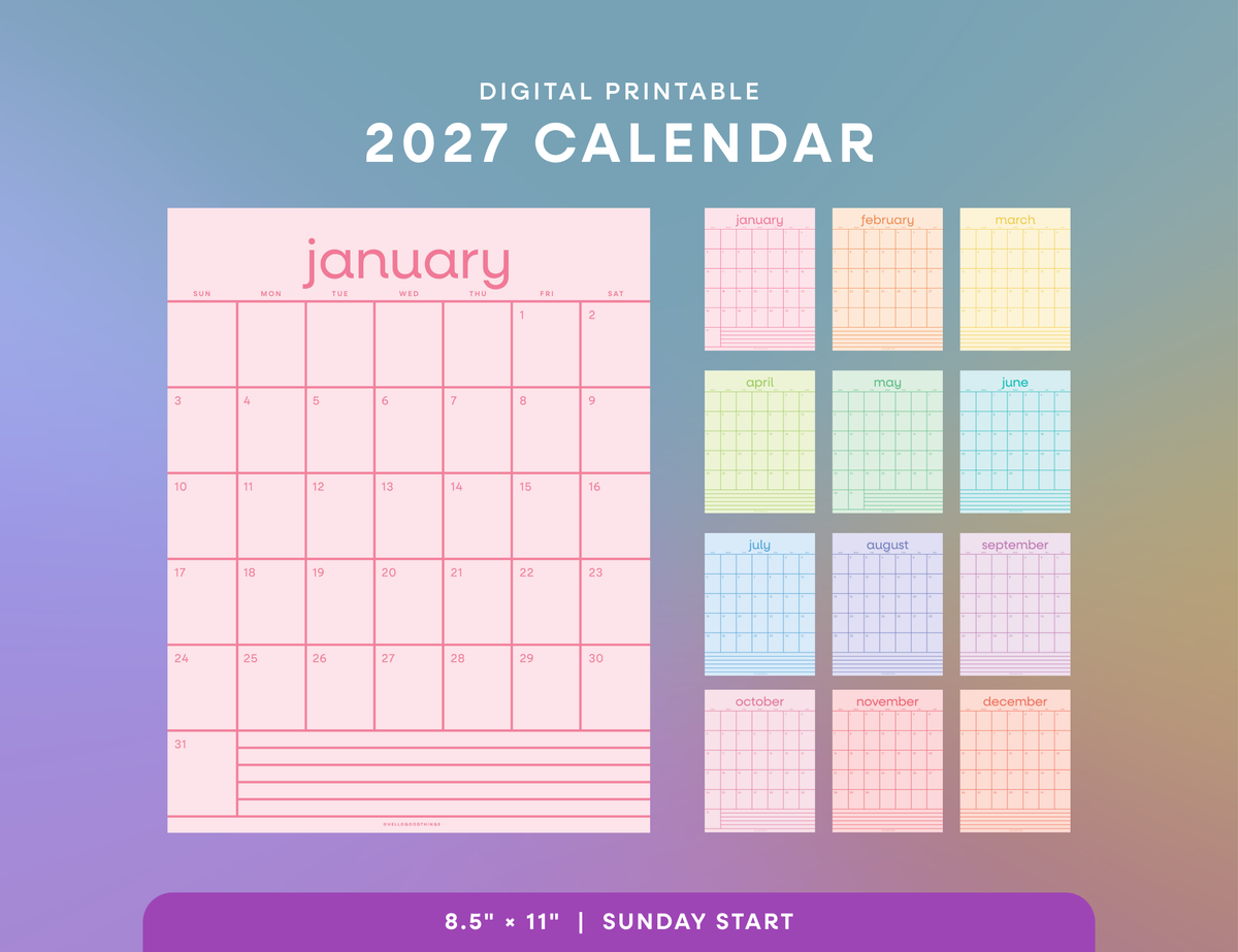 2027 Rainbow Calendar Printable (Letter)