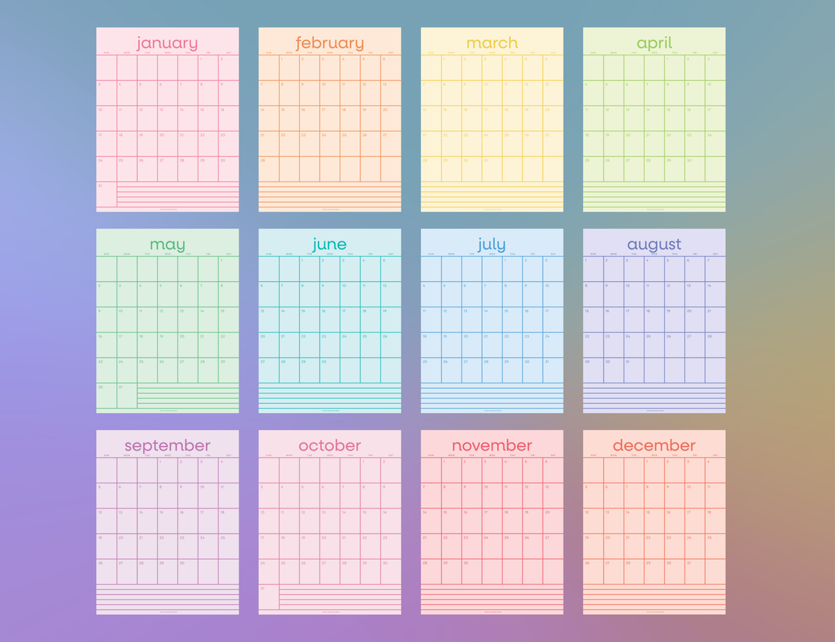 2027 Rainbow Calendar Printable (Letter)
