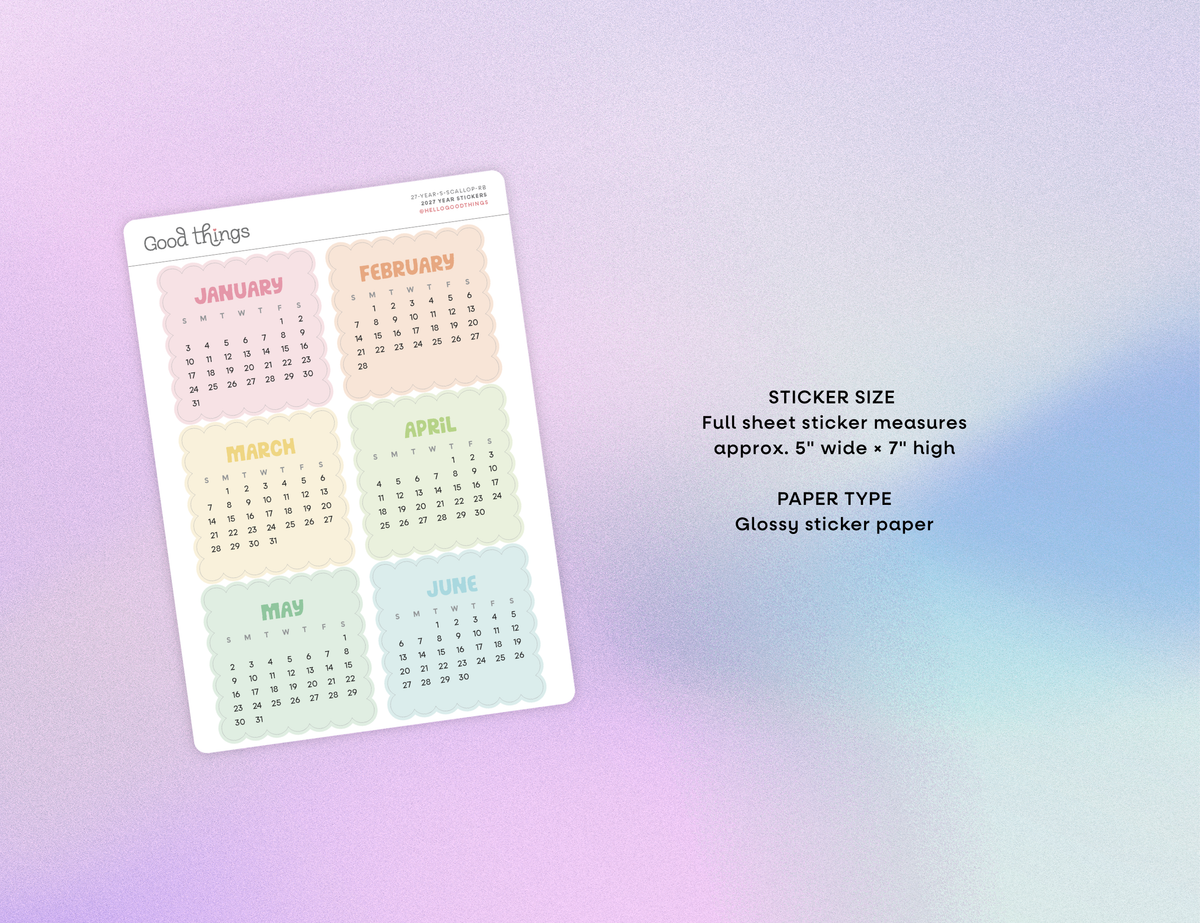 2027 Calendar Stickers, Rainbow Scallop