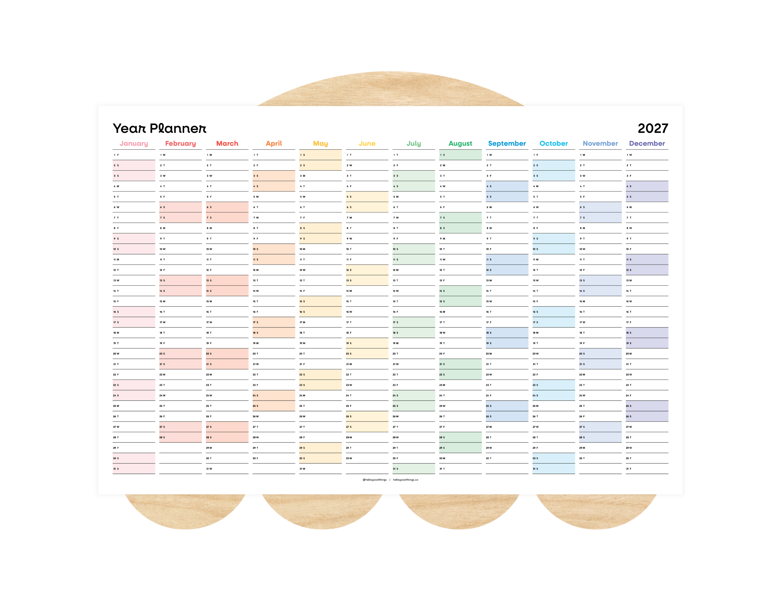 2027 Wall Poster Calendar - Year Planner (Rainbow)