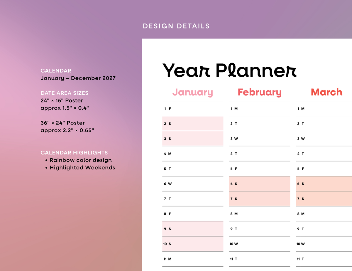 2027 Wall Poster Calendar - Year Planner (Rainbow)