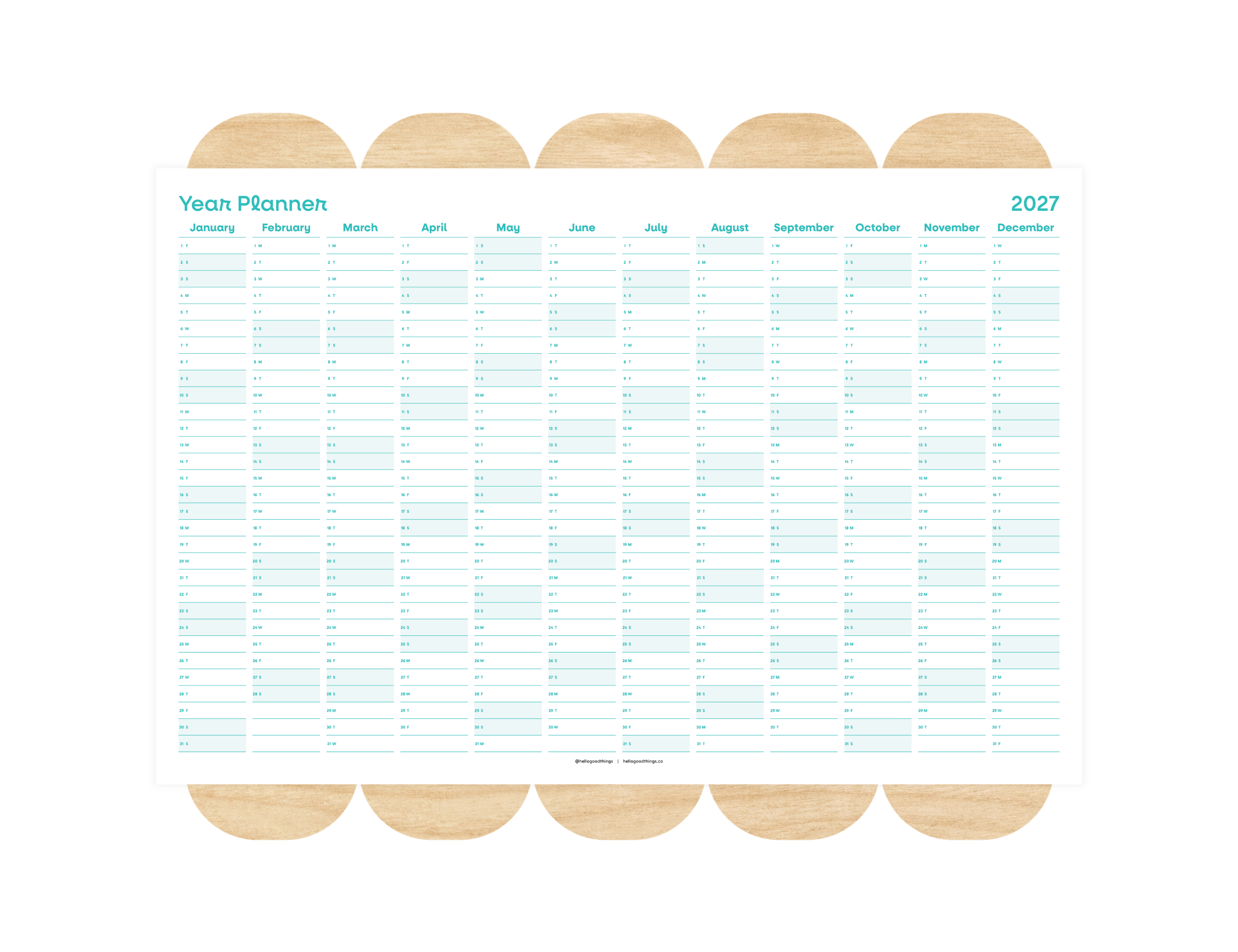 2027 Wall Poster Calendar - Year Planner (Teal)