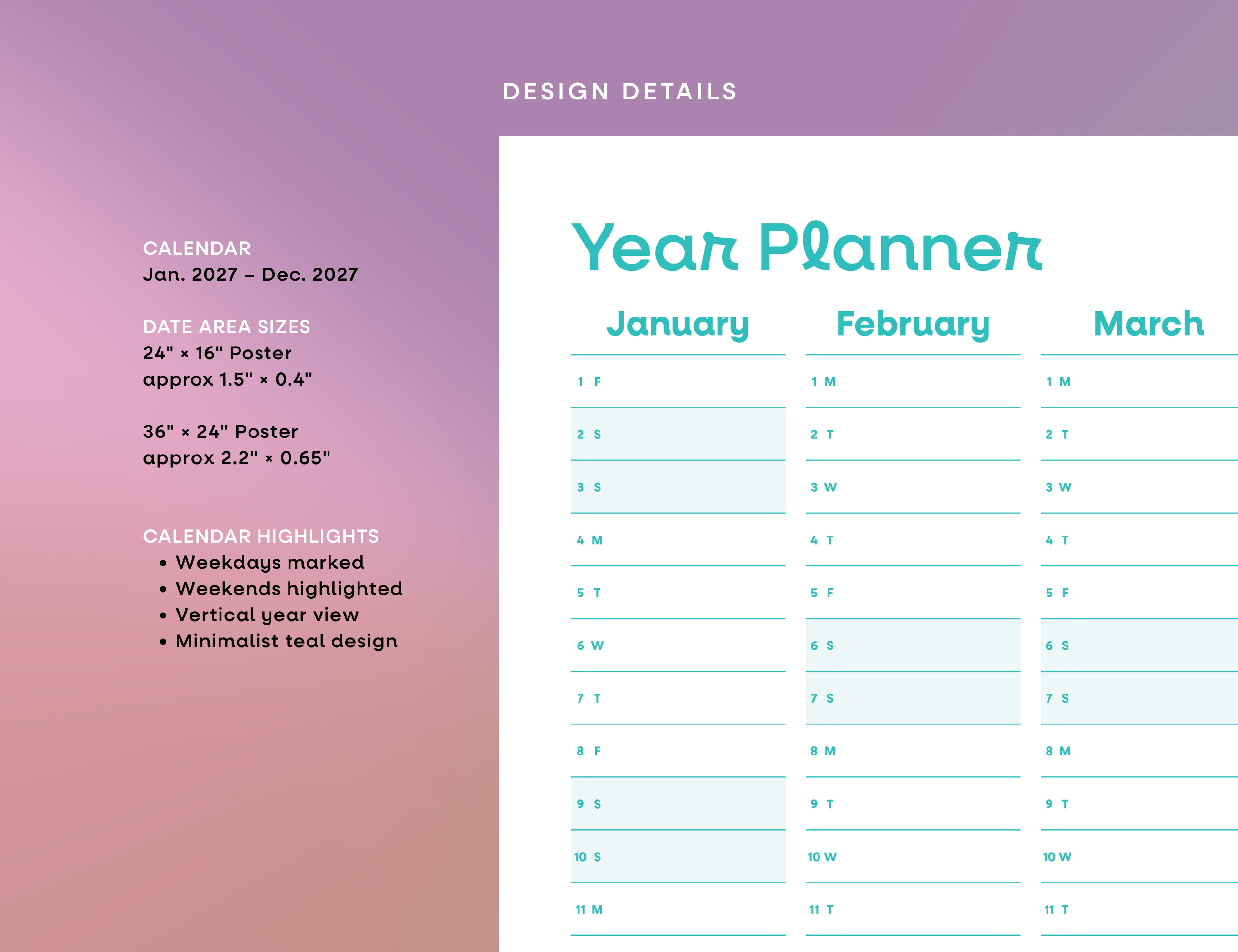 2027 Wall Poster Calendar - Year Planner (Teal)