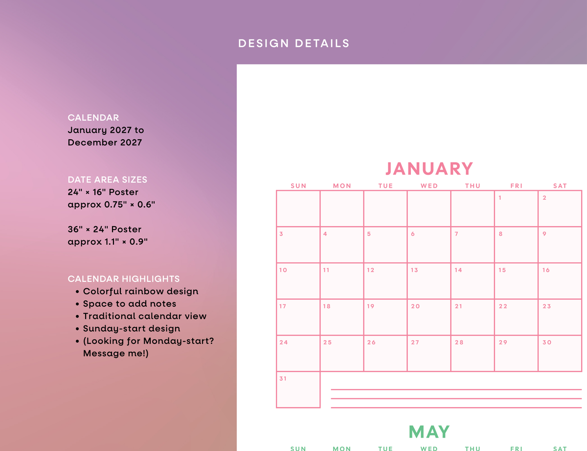 2027 Wall Poster Calendar - Rainbow Calendar