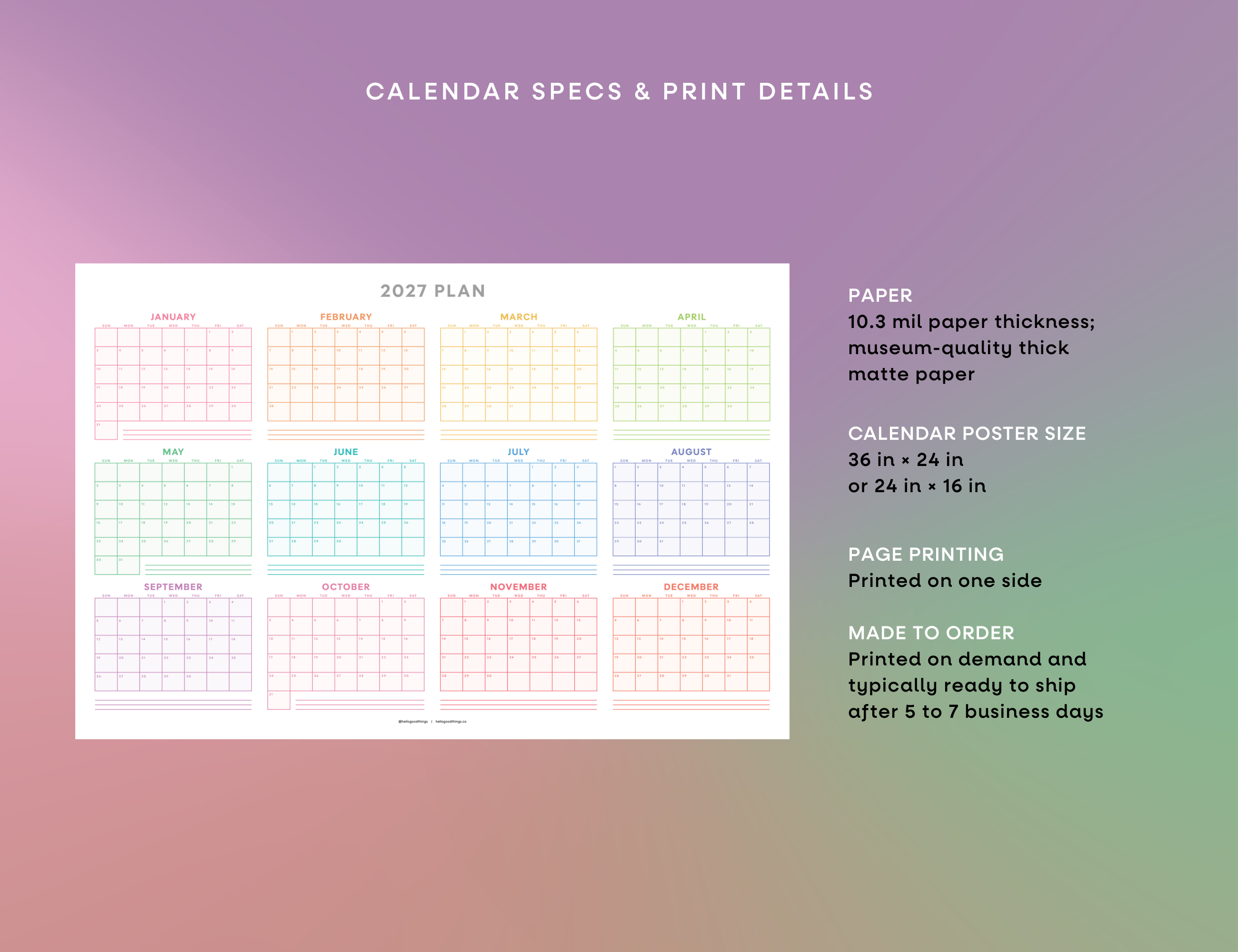 2027 Wall Poster Calendar - Rainbow Calendar
