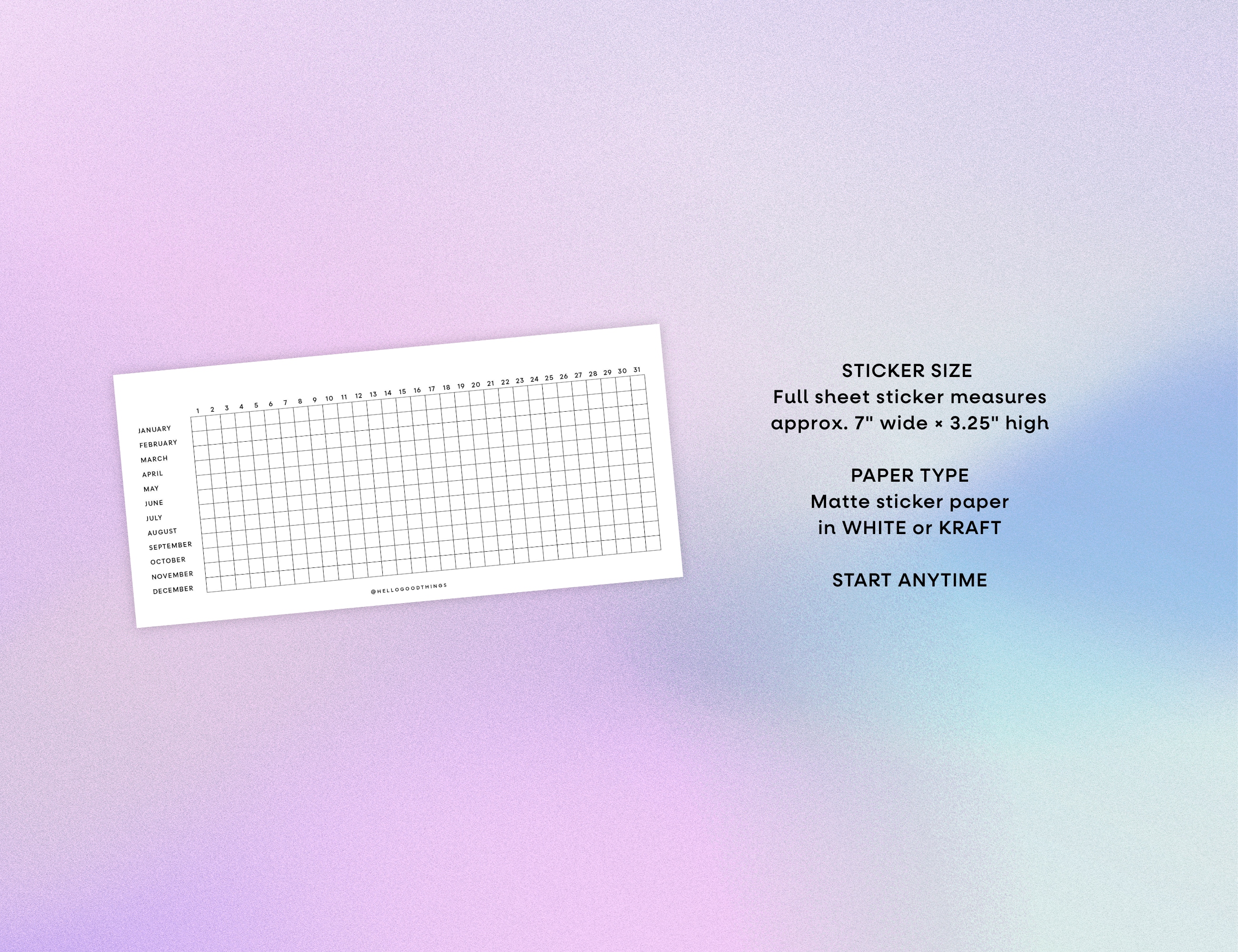 Year Tracker Sticker, Slim, Horizontal Grid