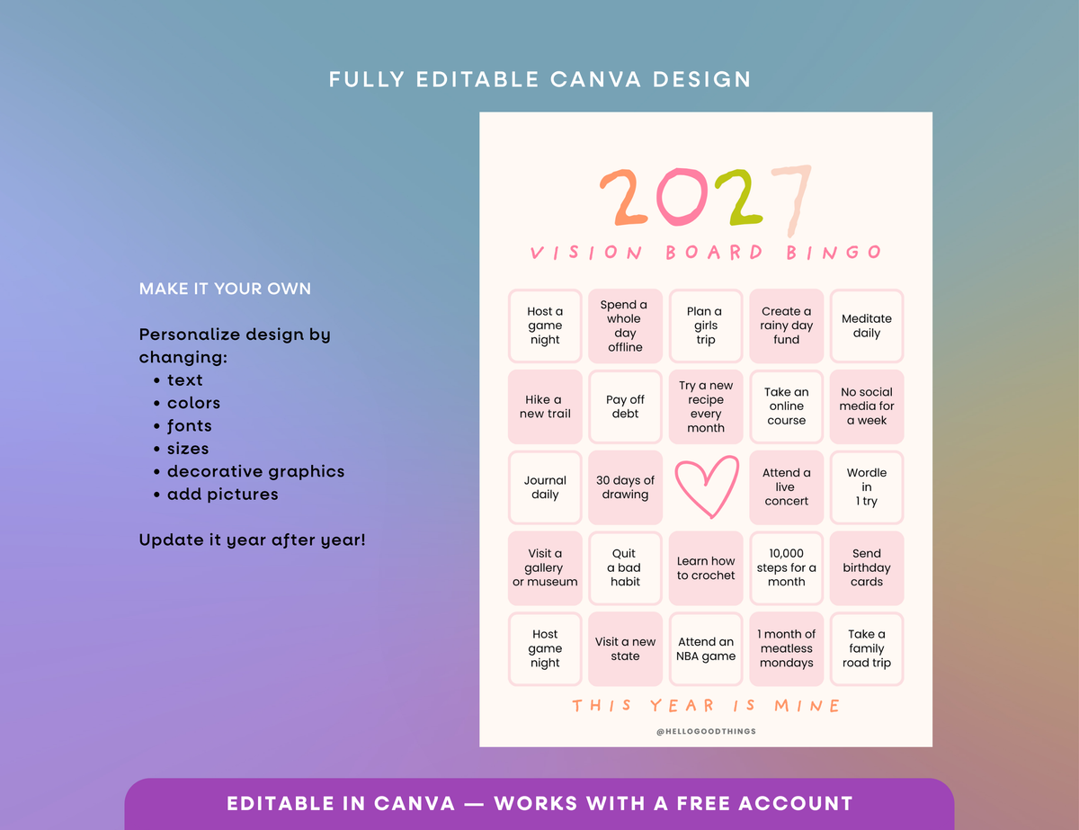 2027 Vision Board/Bingo Card Printable, Soft Pastel