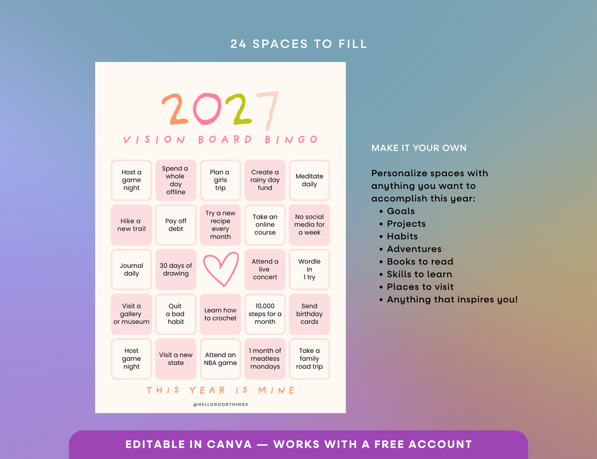 2027 Vision Board/Bingo Card Printable, Soft Pastel