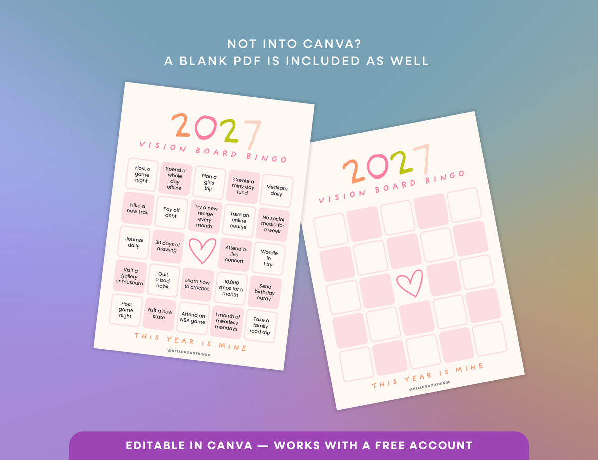 2027 Vision Board/Bingo Card Printable, Soft Pastel