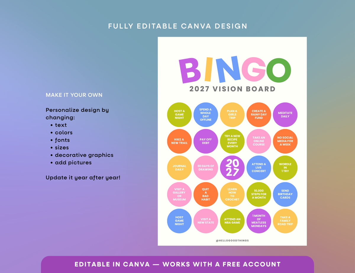 2027 Vision Board/Bingo Card Printable, Pop Dots