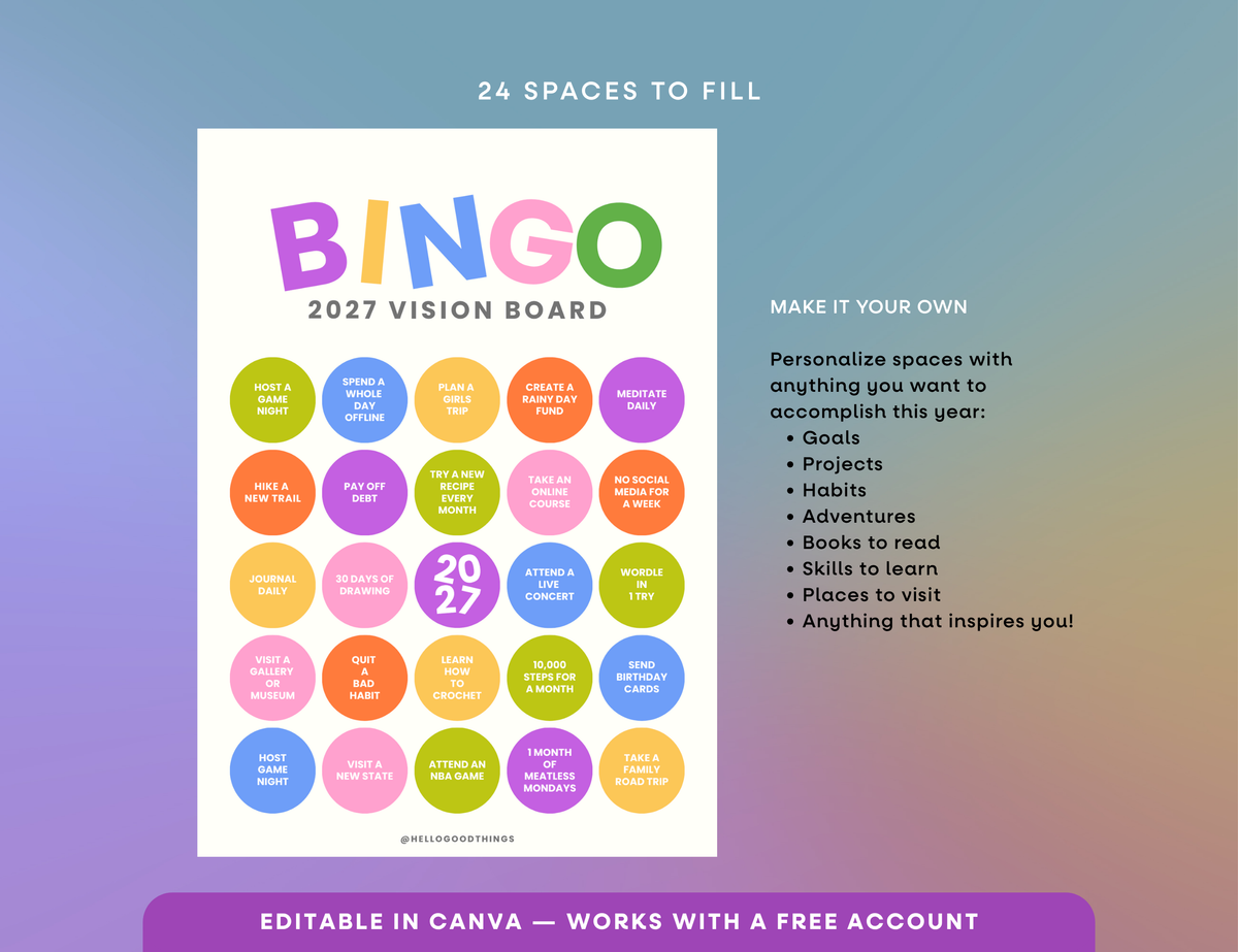 2027 Vision Board/Bingo Card Printable, Pop Dots