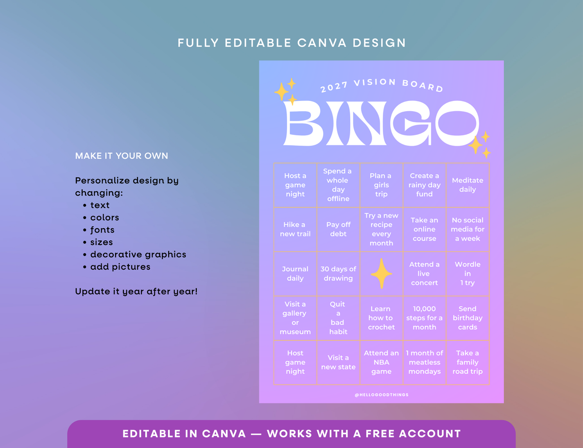 2027 Vision Board/Bingo Card Printable, Celestial