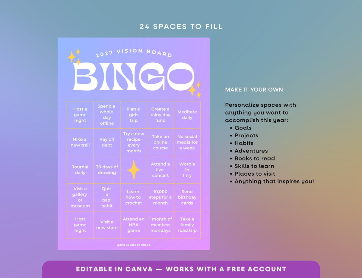 2027 Vision Board/Bingo Card Printable, Celestial