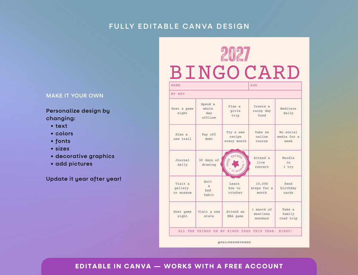 2027 Vision Board/Bingo Card Printable, Good Things