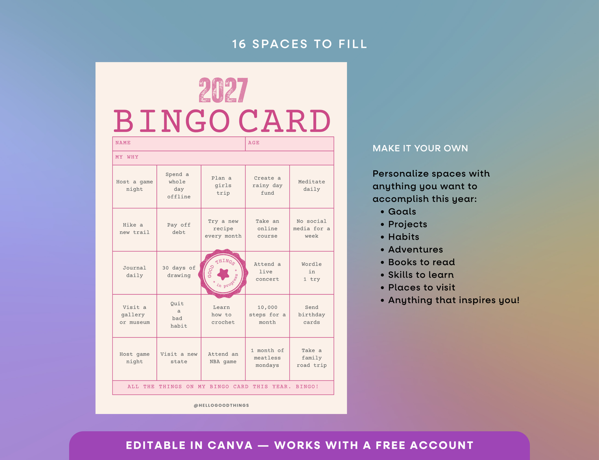 2027 Vision Board/Bingo Card Printable, Good Things