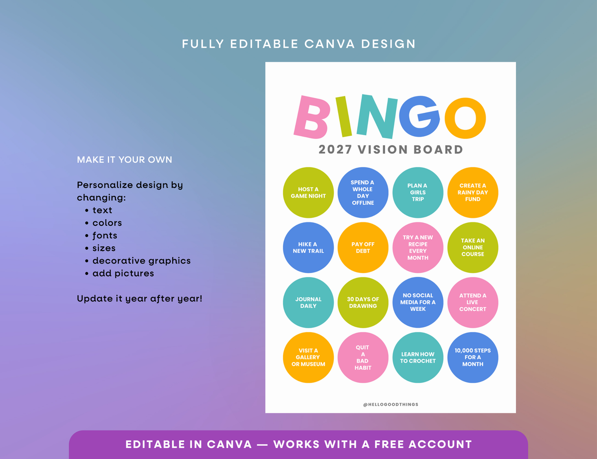 2027 Vision Board/Bingo Card Printable, Pop 16