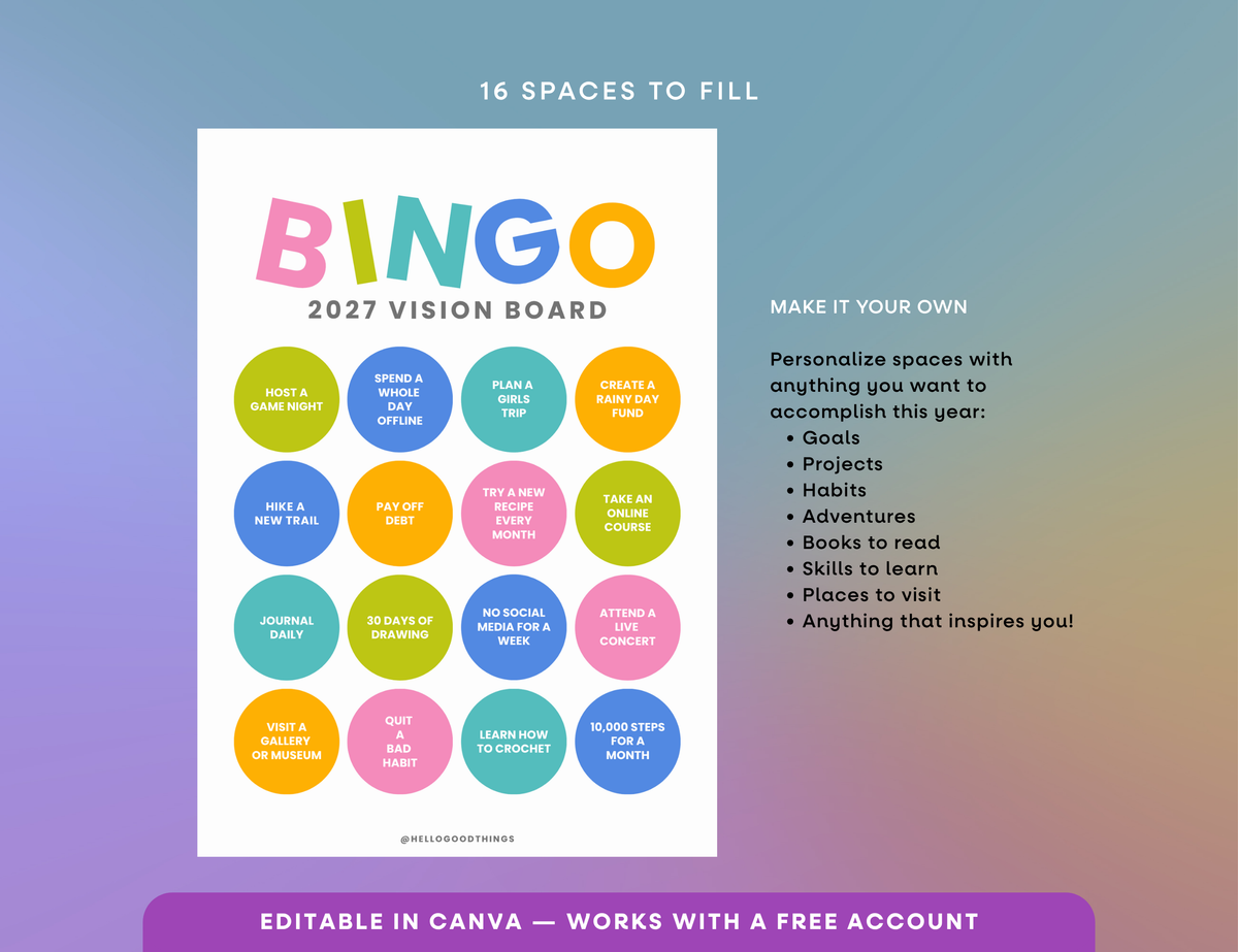 2027 Vision Board/Bingo Card Printable, Pop 16