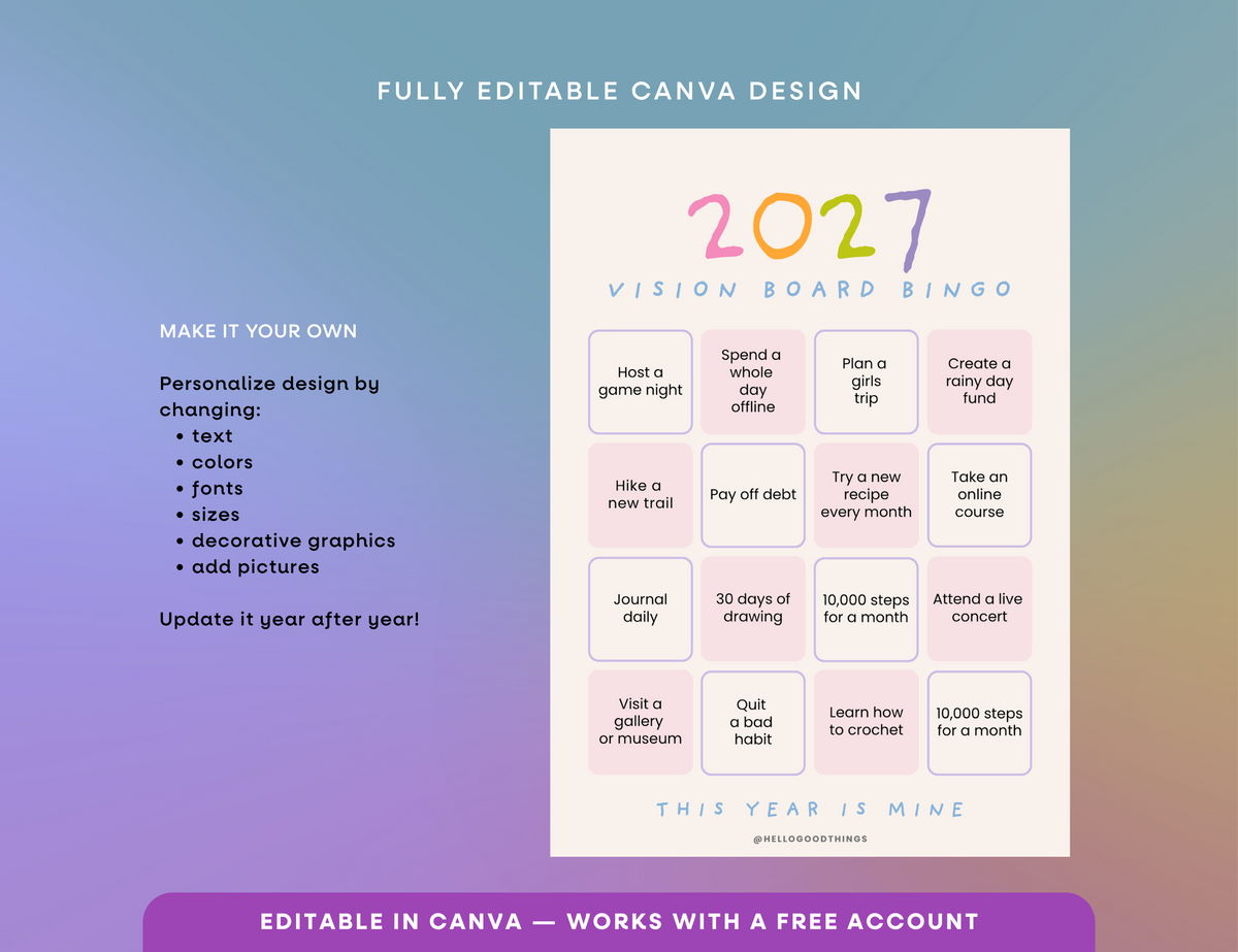 2027 Vision Board/Bingo Card Printable, SP 16