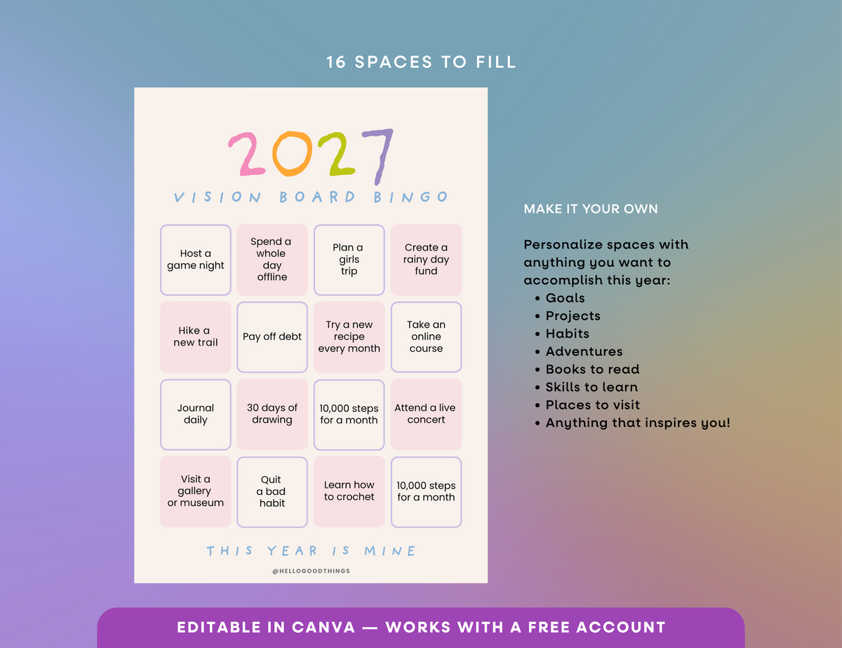 2027 Vision Board/Bingo Card Printable, SP 16