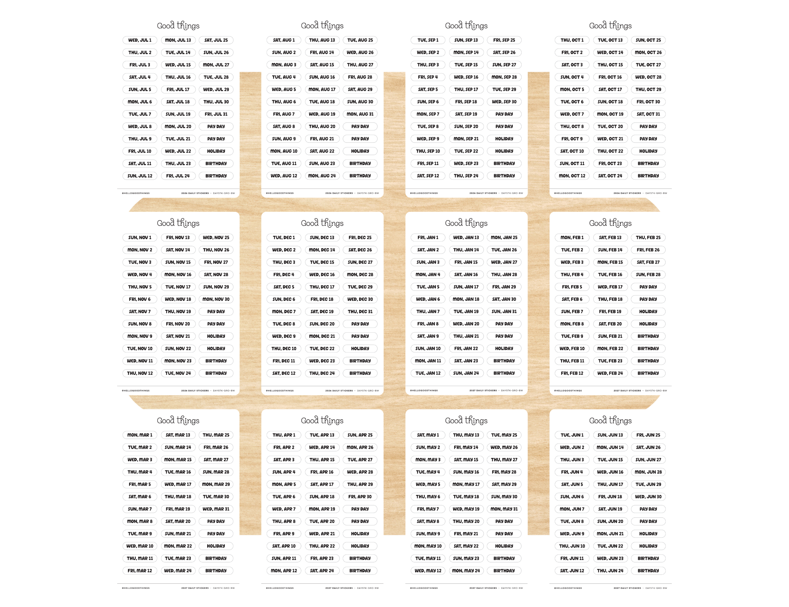 2026-2027 Daily Dated Sticker Sheets, Black & White
