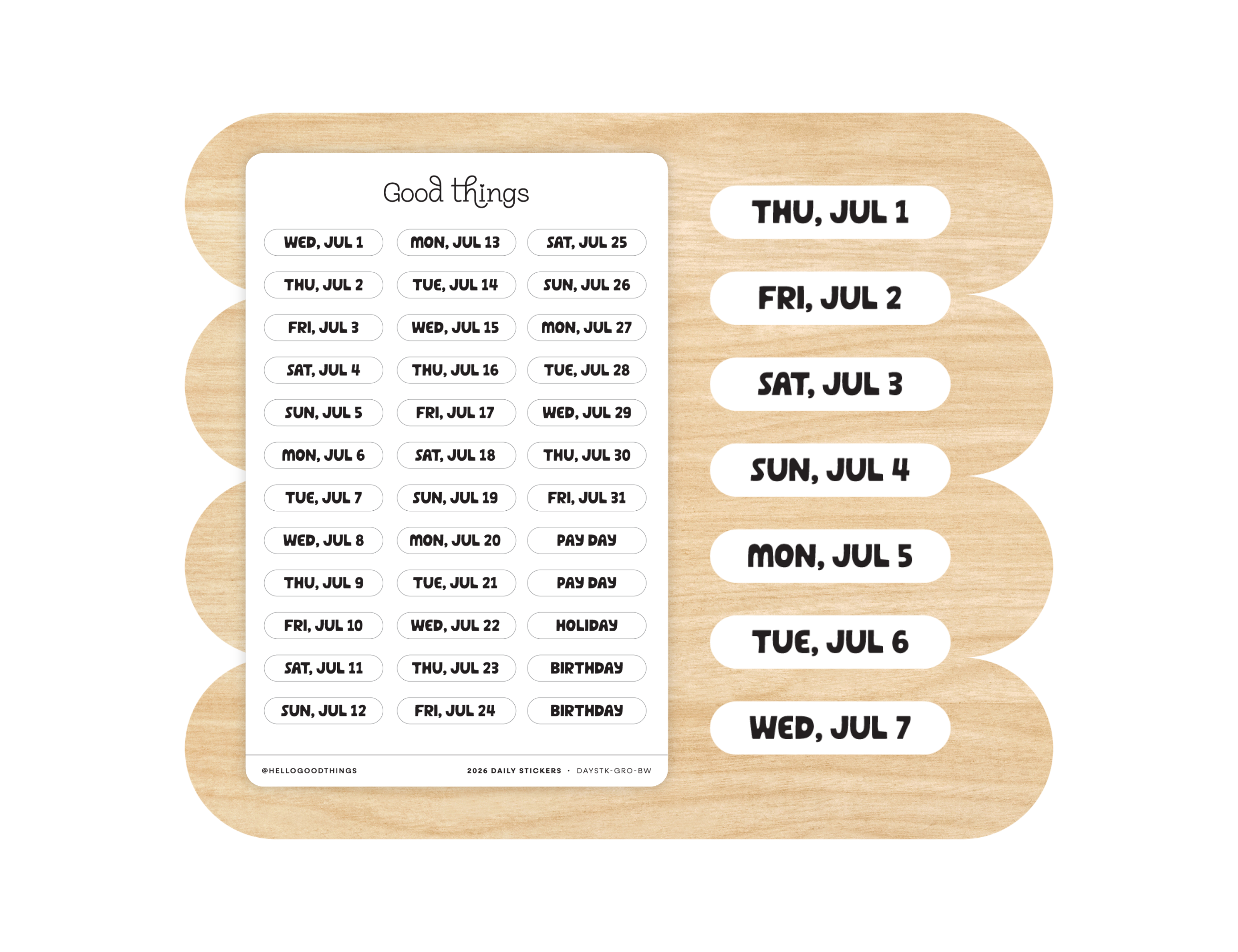 2026-2027 Daily Dated Sticker Sheets, Black & White