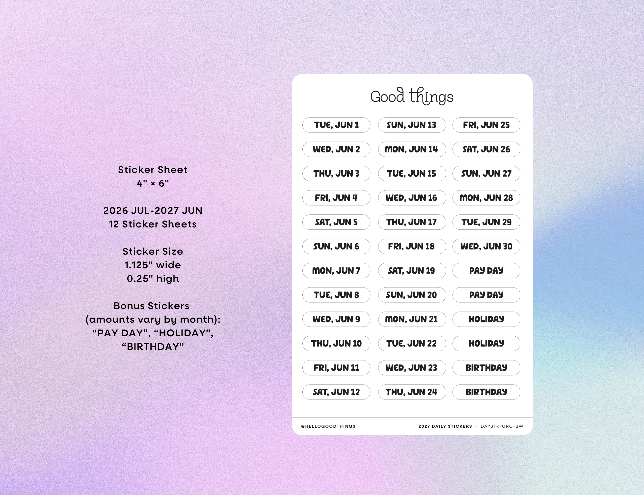 2026-2027 Daily Dated Sticker Sheets, Black & White
