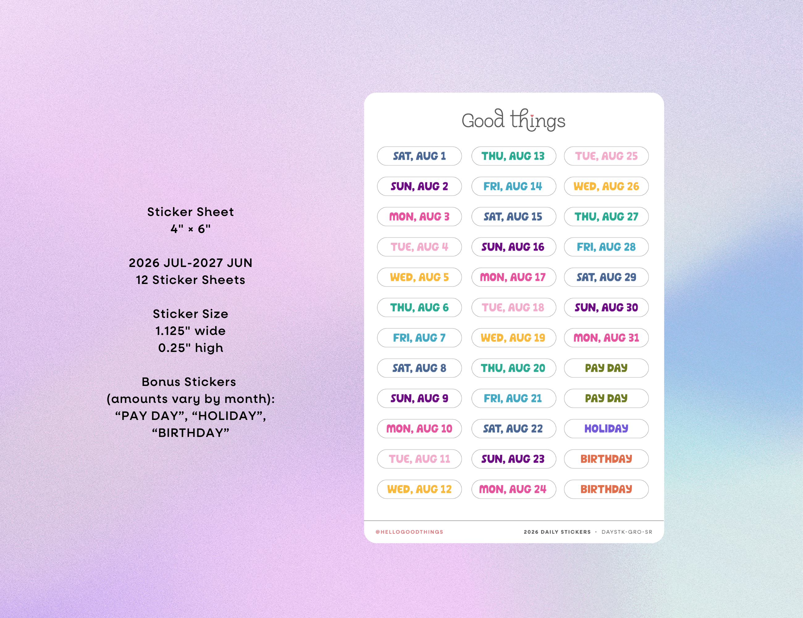 2026-2027 Daily Dated Sticker Sheets, Sugar Rush