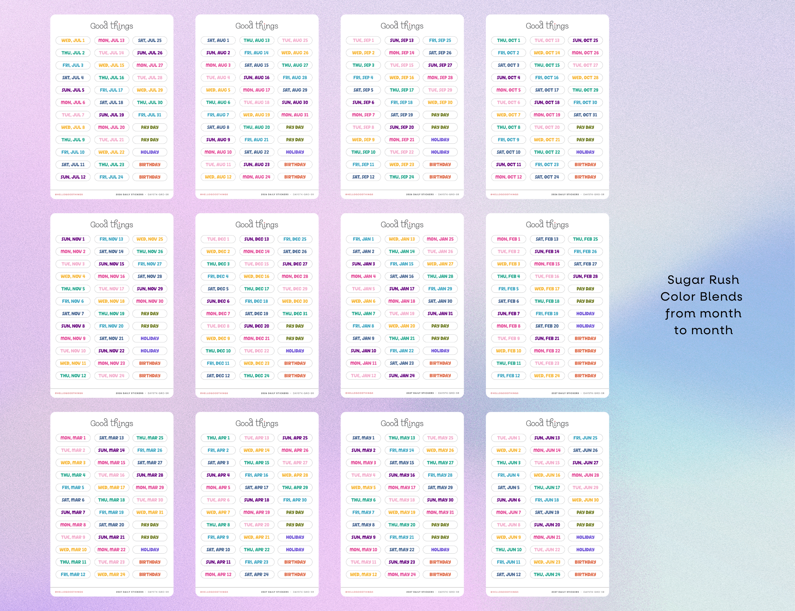 2026-2027 Daily Dated Sticker Sheets, Sugar Rush