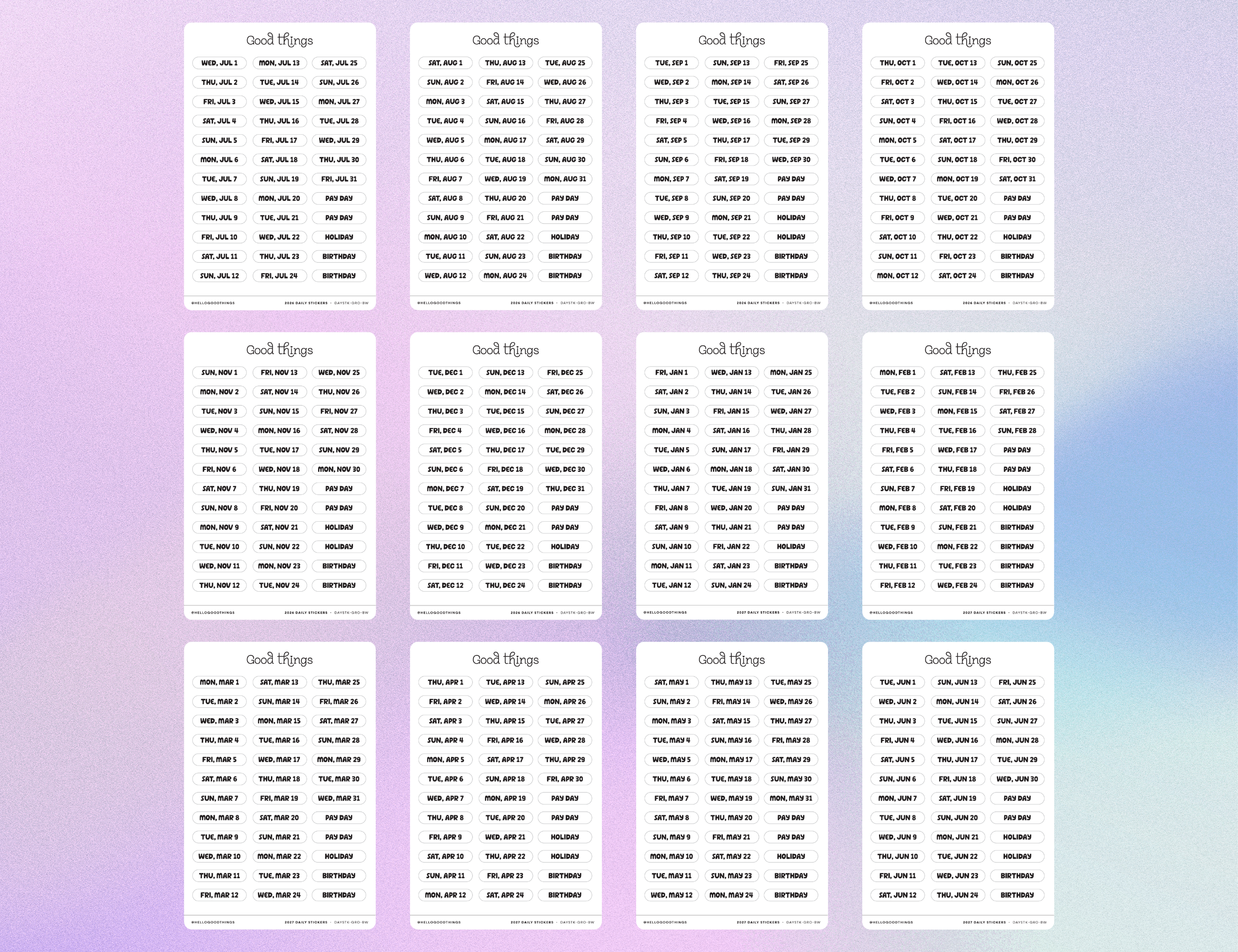 2026-2027 Daily Dated Sticker Sheets, Black & White