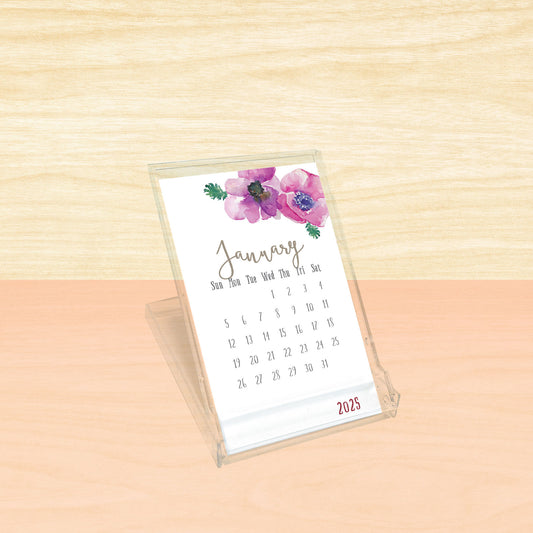 2025 Watercolor Flowers Mini Desk Calendar (Wood Base or Plastic Stand)