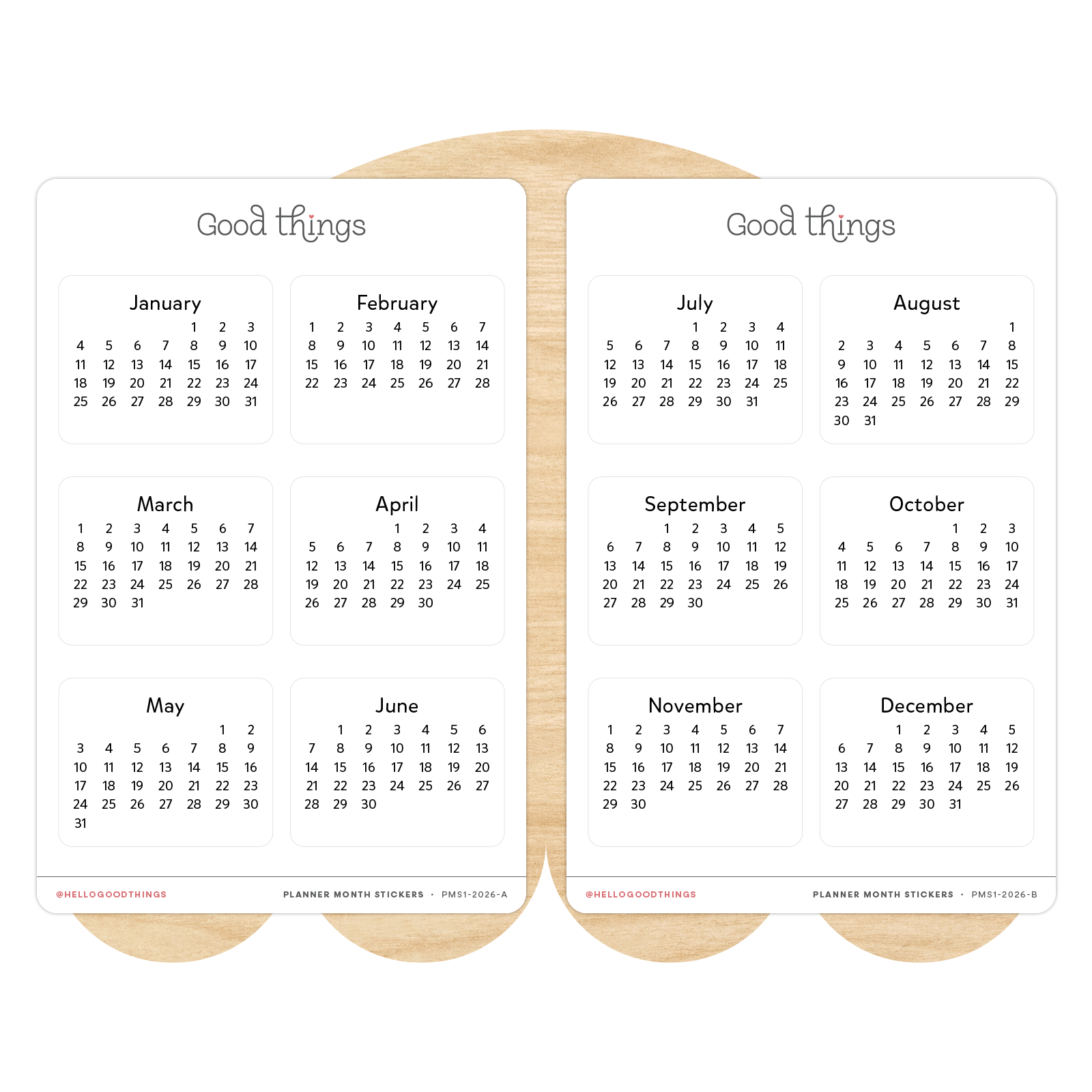 2026 Month Calendar Stickers