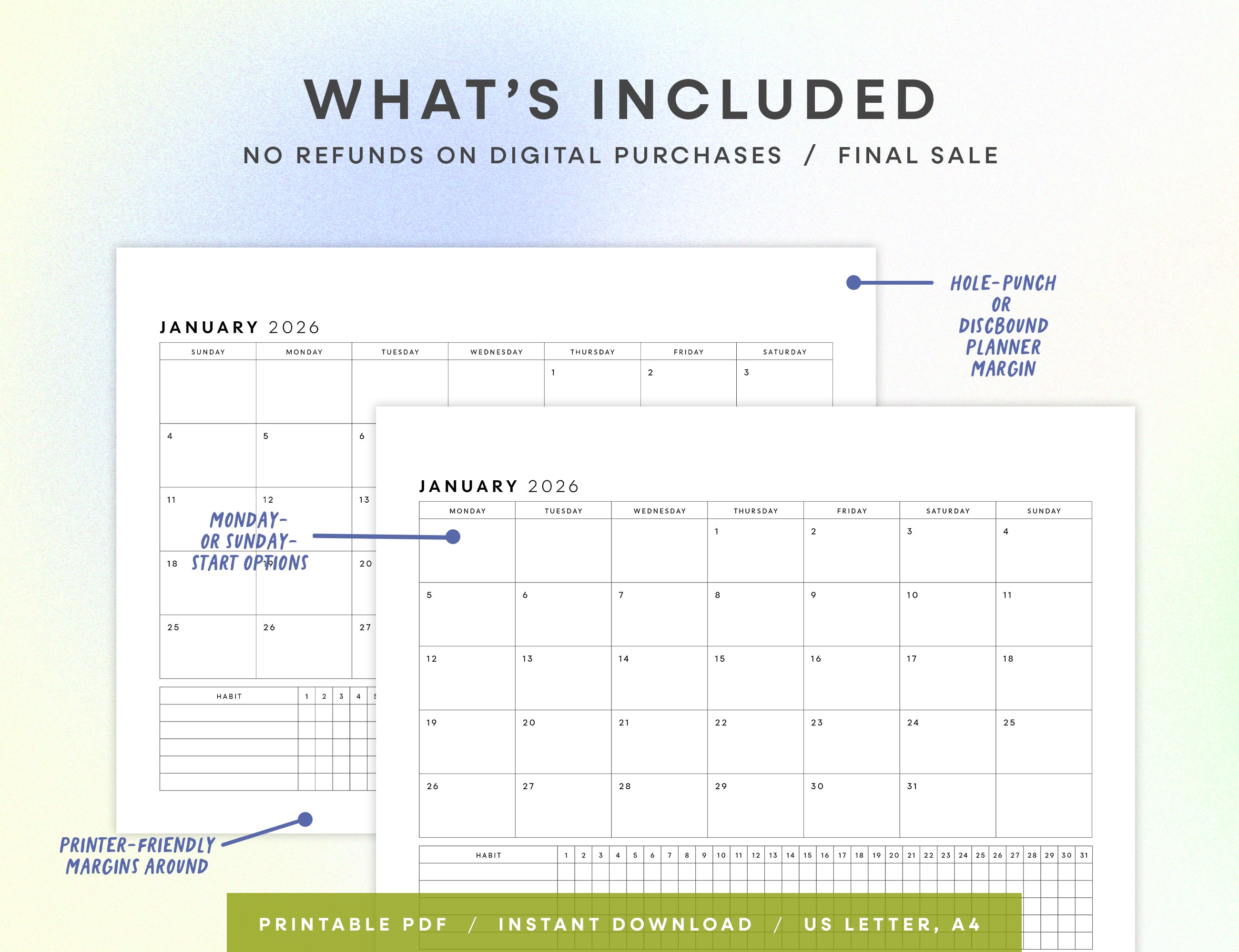 2026 Monthly Calendar Printable (Letter, A4, Half Letter)