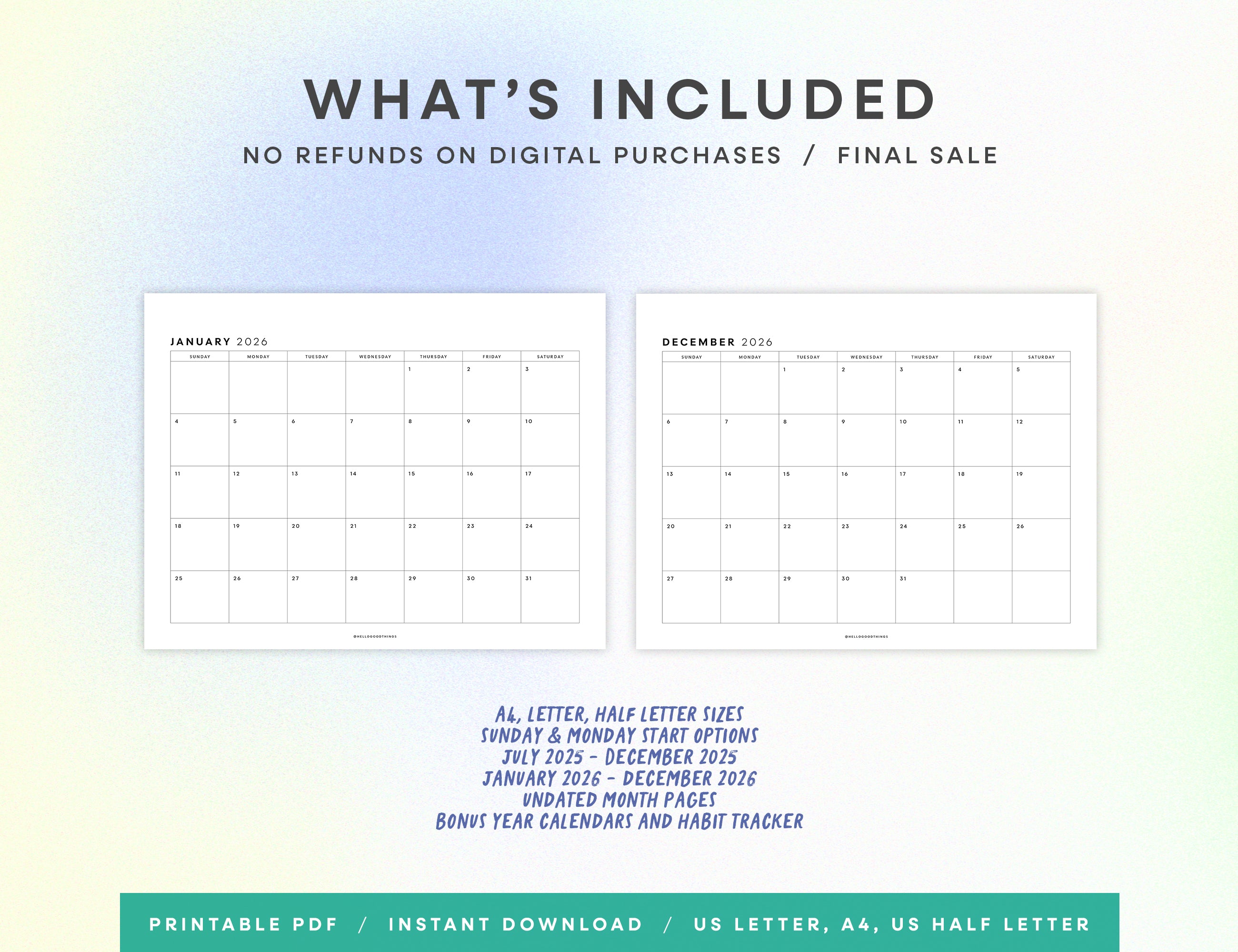 2026 Monthly Calendar Printable (Letter, A4, Half Letter)