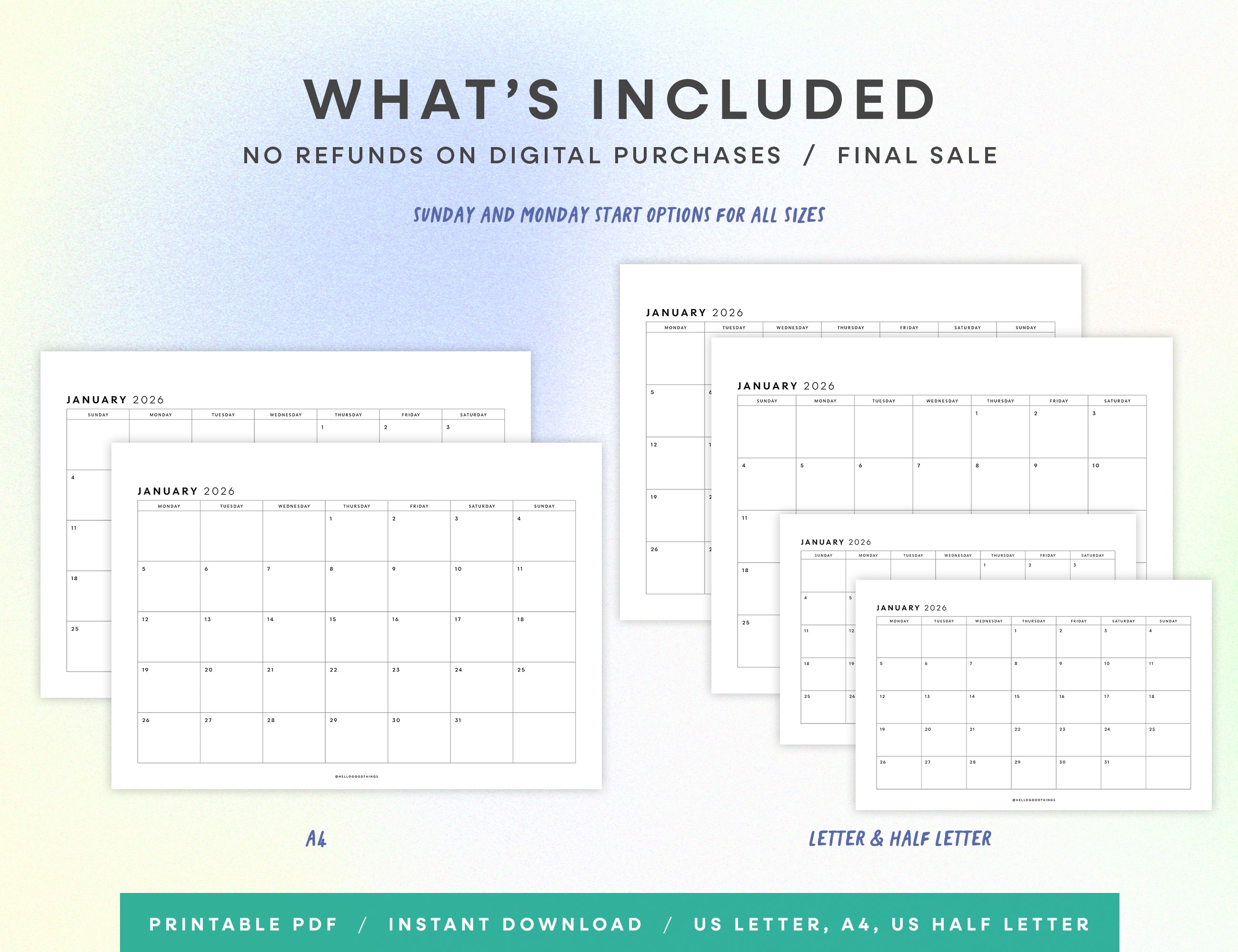2026 Monthly Calendar Printable (Letter, A4, Half Letter)