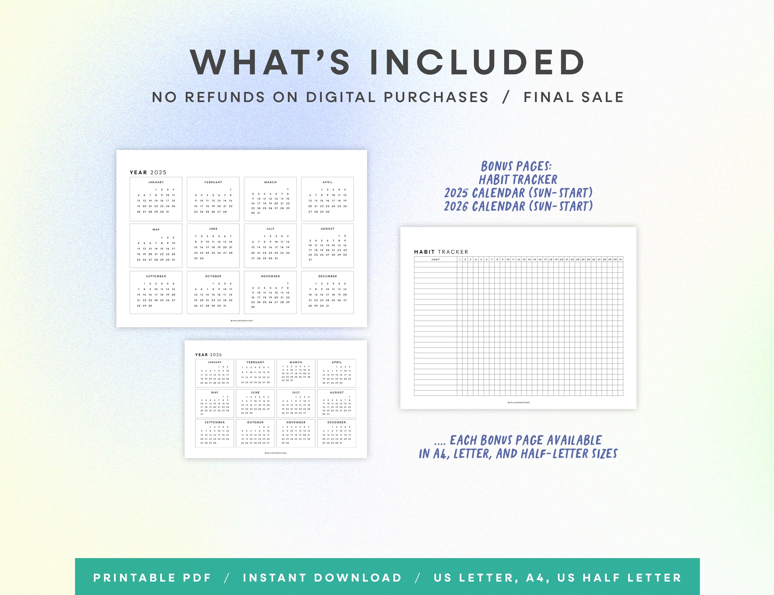 2026 Monthly Calendar Printable (Letter, A4, Half Letter)