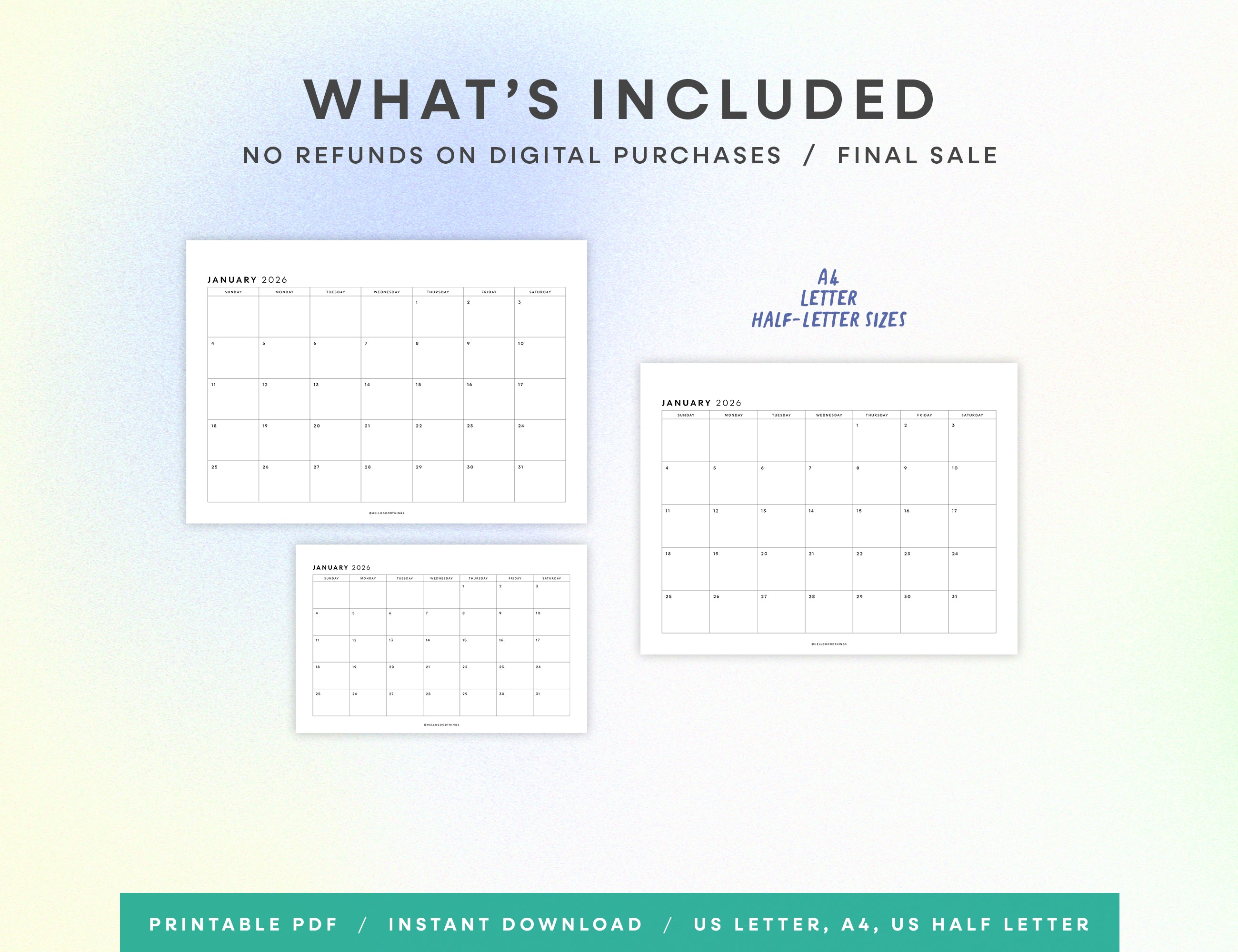 2026 Monthly Calendar Printable (Letter, A4, Half Letter)