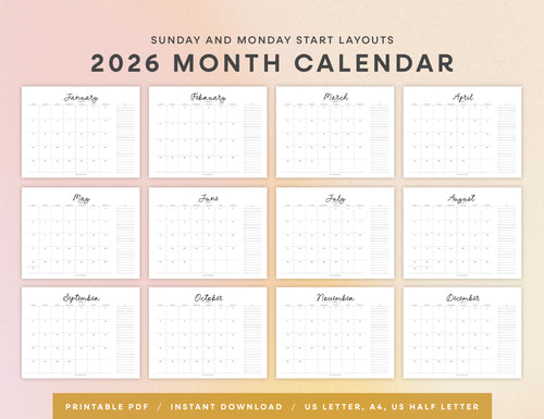 2026 Monthly Calendar Printable - Scripty (Letter, A4, Half Letter)