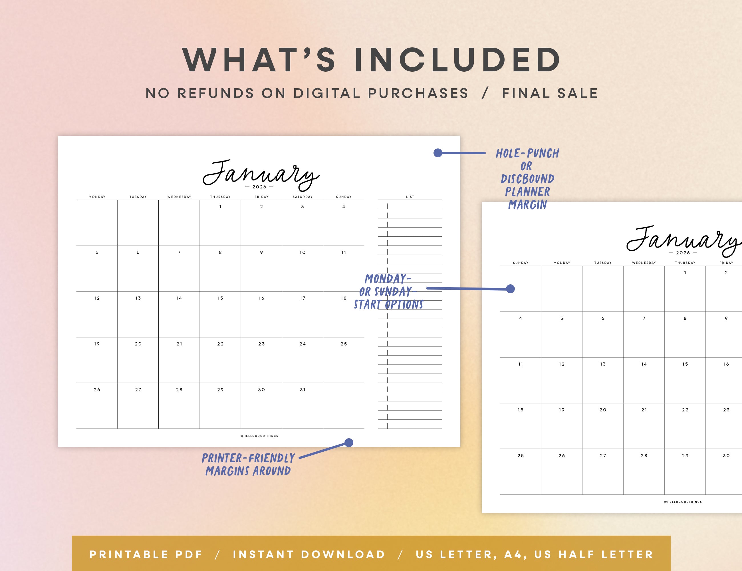 2026 Monthly Calendar Printable - Scripty (Letter, A4, Half Letter)