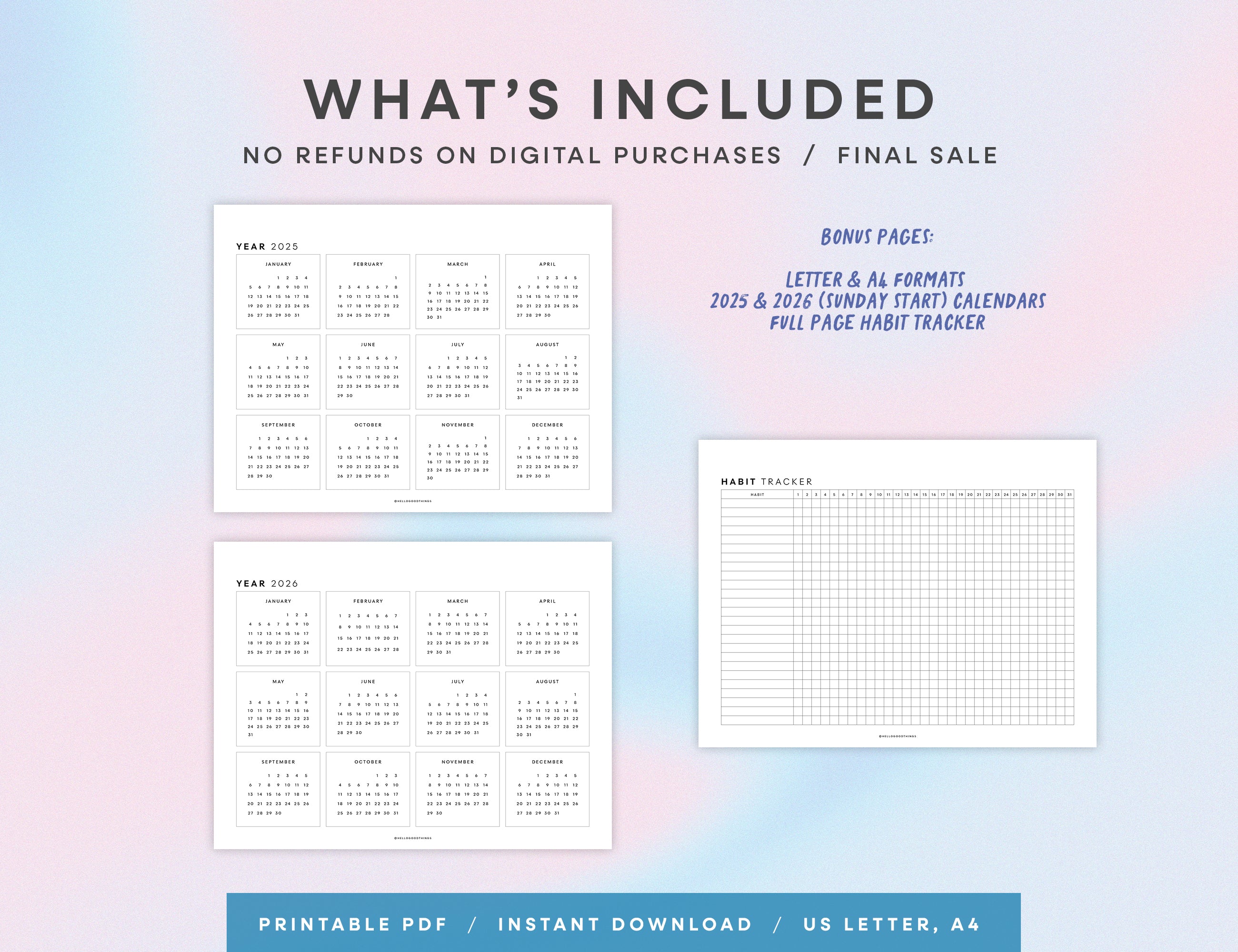 2026 Monthly Calendar with Habit Tracker Printable (Letter, A4)