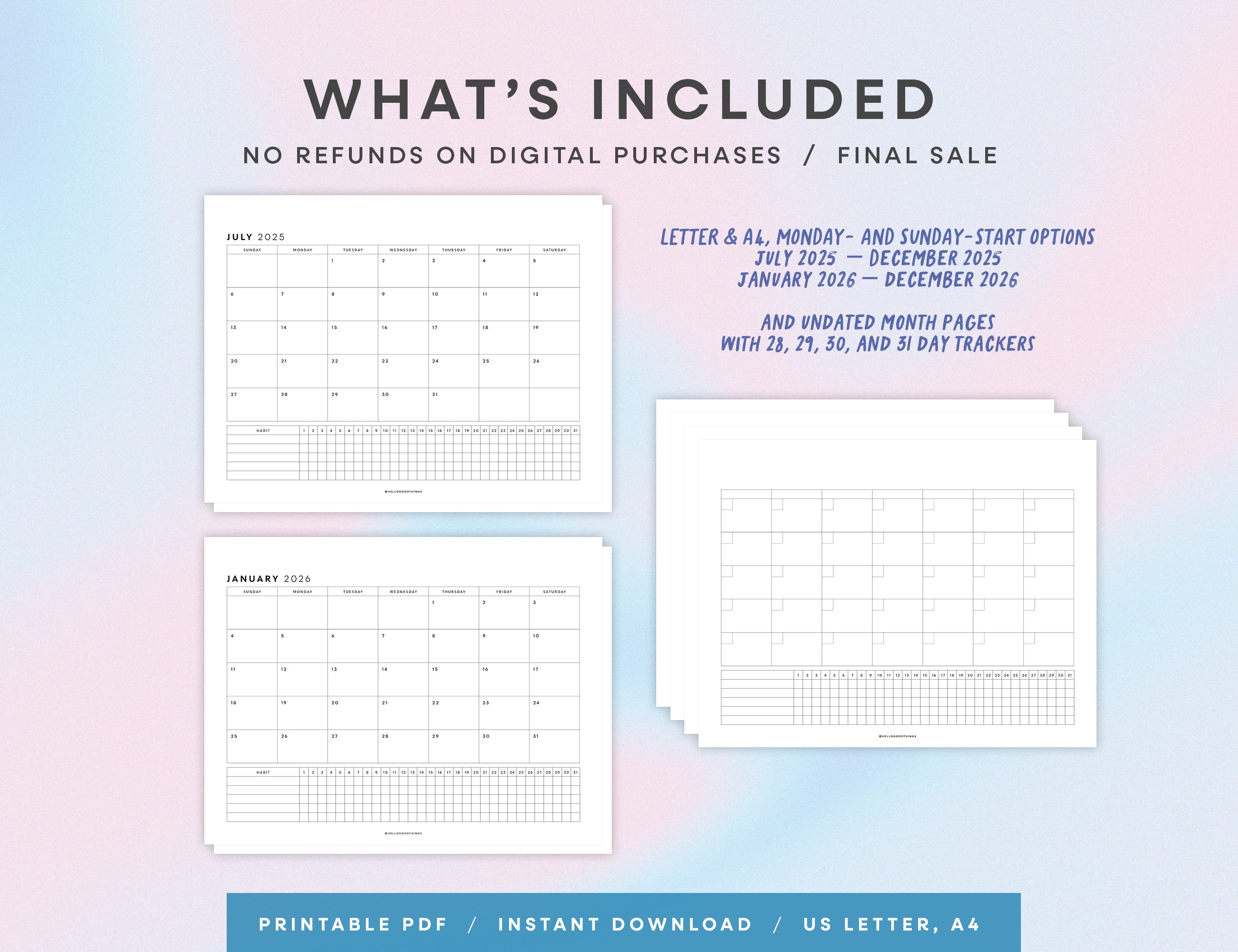 2026 Monthly Calendar with Habit Tracker Printable (Letter, A4)