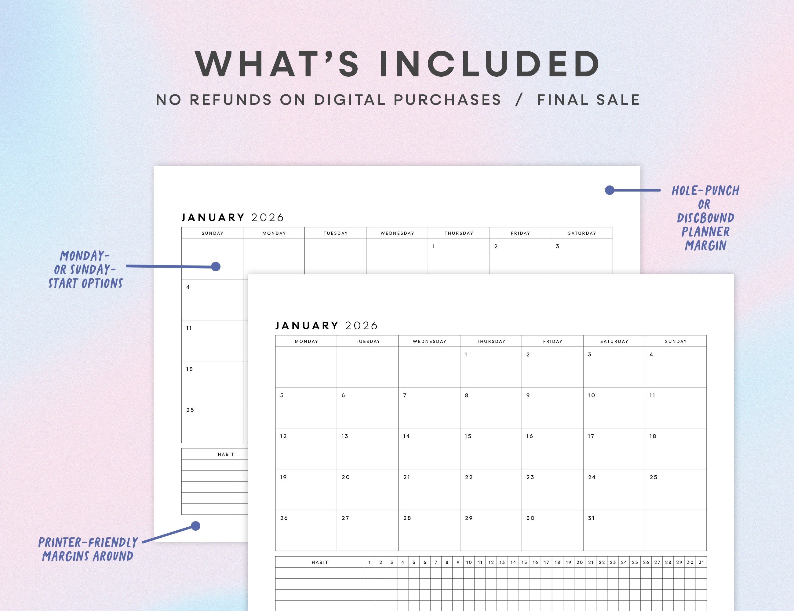 2026 Monthly Calendar with Habit Tracker Printable (Letter, A4)