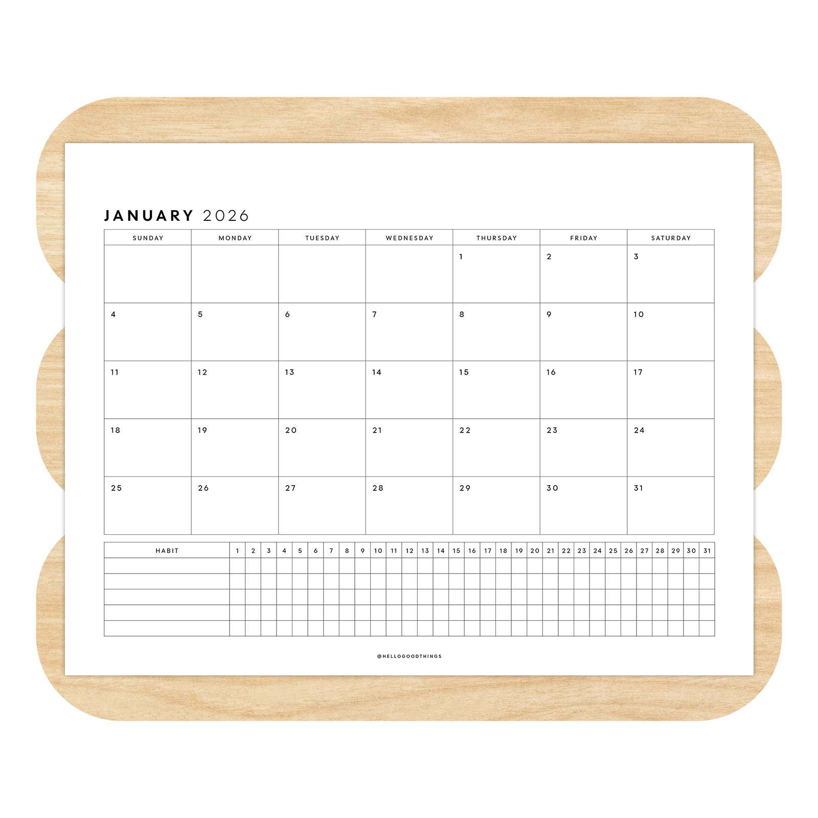 2026 Monthly Calendar with Habit Tracker Printable (Letter, A4)