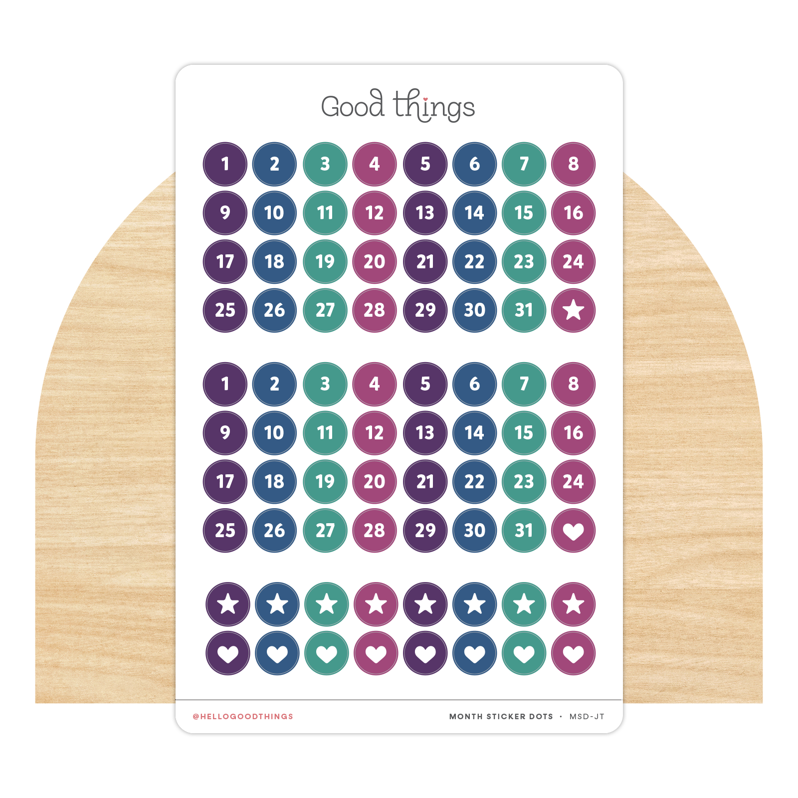 Monthly Date Dots Sticker Sheet, Jewel Tones