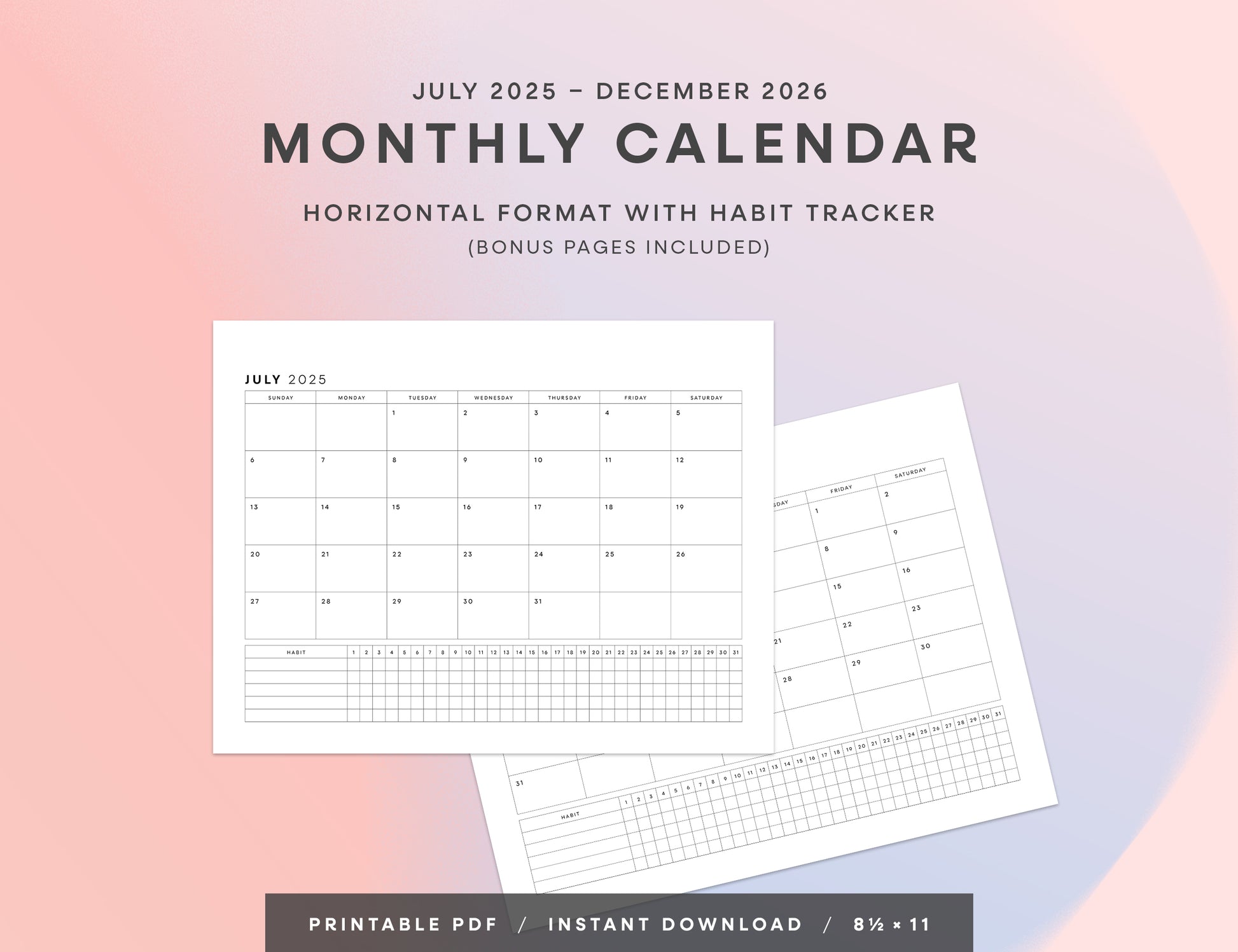 July 2025–December 2026 Minimalist Monthly Calendar with Habit Tracker Printable
