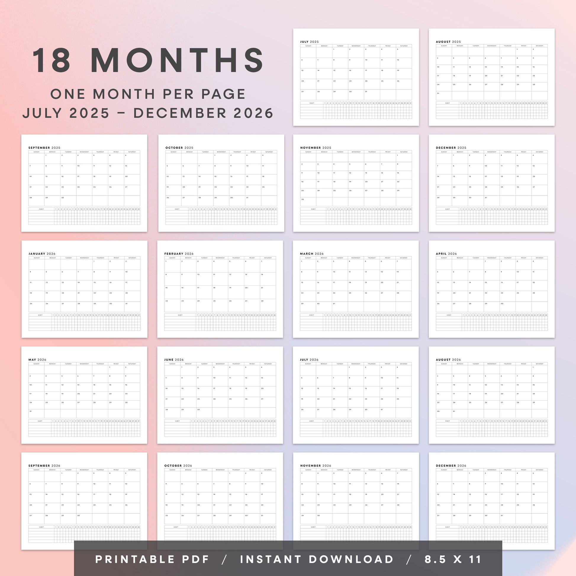 July 2025–December 2026 Minimalist Monthly Calendar with Habit Tracker Printable