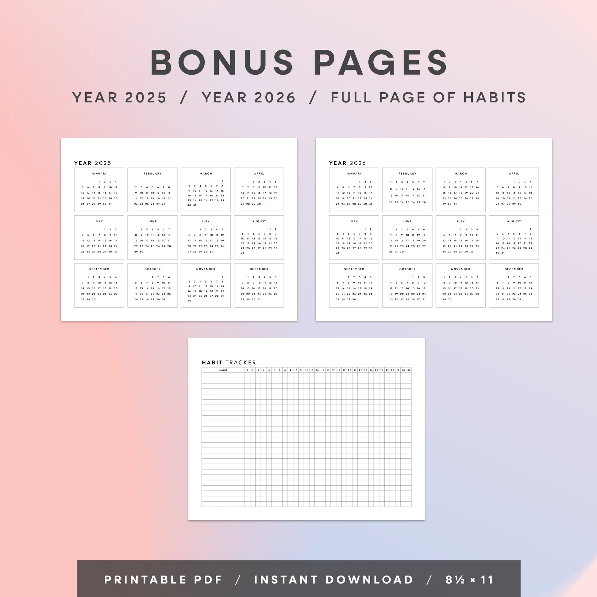 July 2025–December 2026 Minimalist Monthly Calendar with Habit Tracker Printable