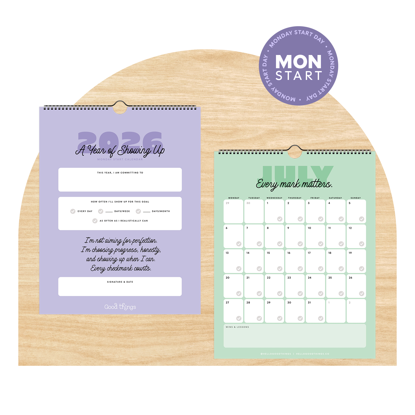 A Year of Showing Up, 2026 Calendar + Goal Tracker (Monday Start)