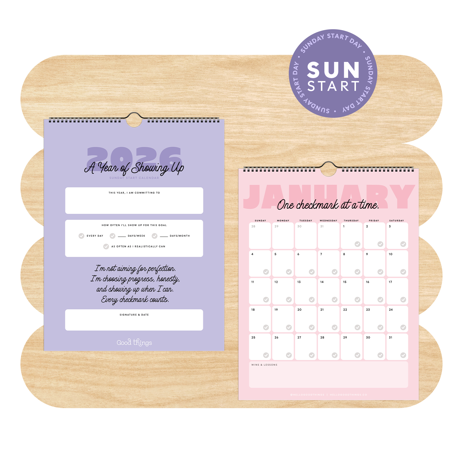 A Year of Showing Up, 2026 Calendar + Goal Tracker (Sunday Start)