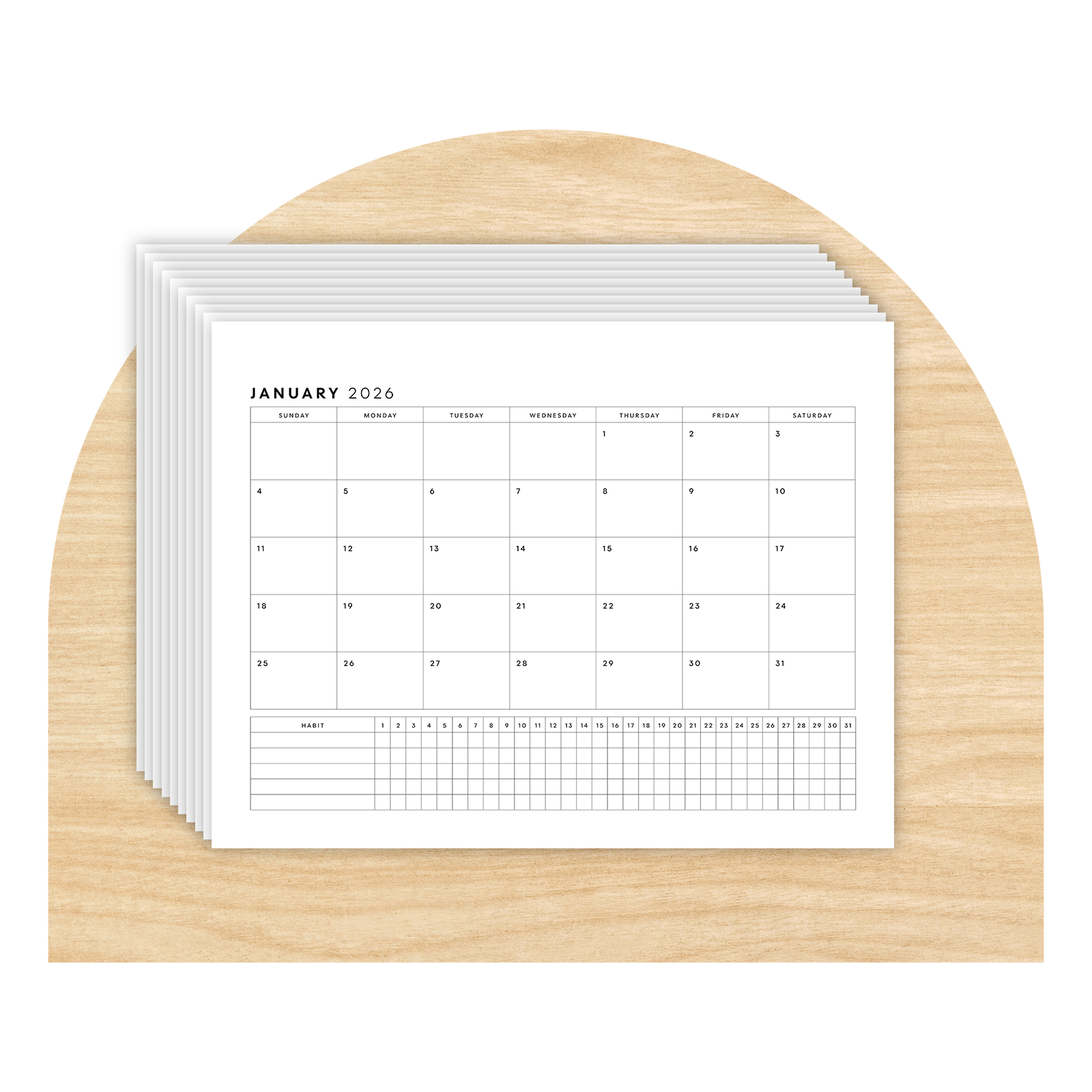 July 2025–December 2026 Minimalist Monthly Calendar with Habit Tracker Printable